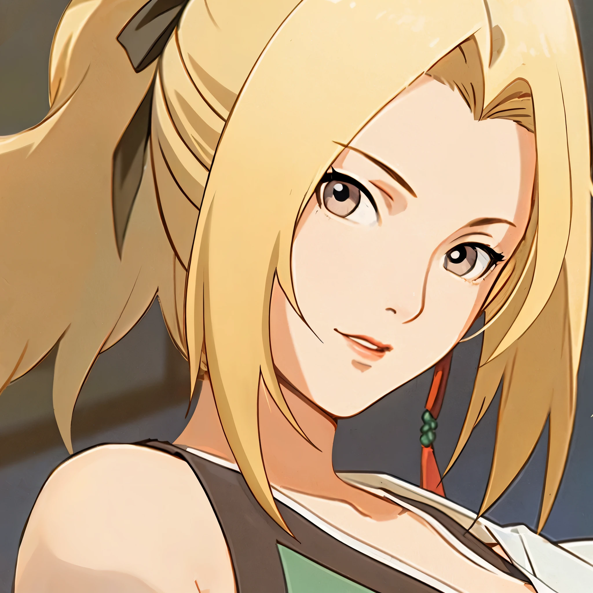 masterpiece, best quality, Super detailed, illustration,1 girl,blonde,brown eyes,high ponytail,,Big breasts,dress off shoulder shirt,(green skirt:1.1)
looking at the audience,Fruit ice/(Boruto/),Detailed lips