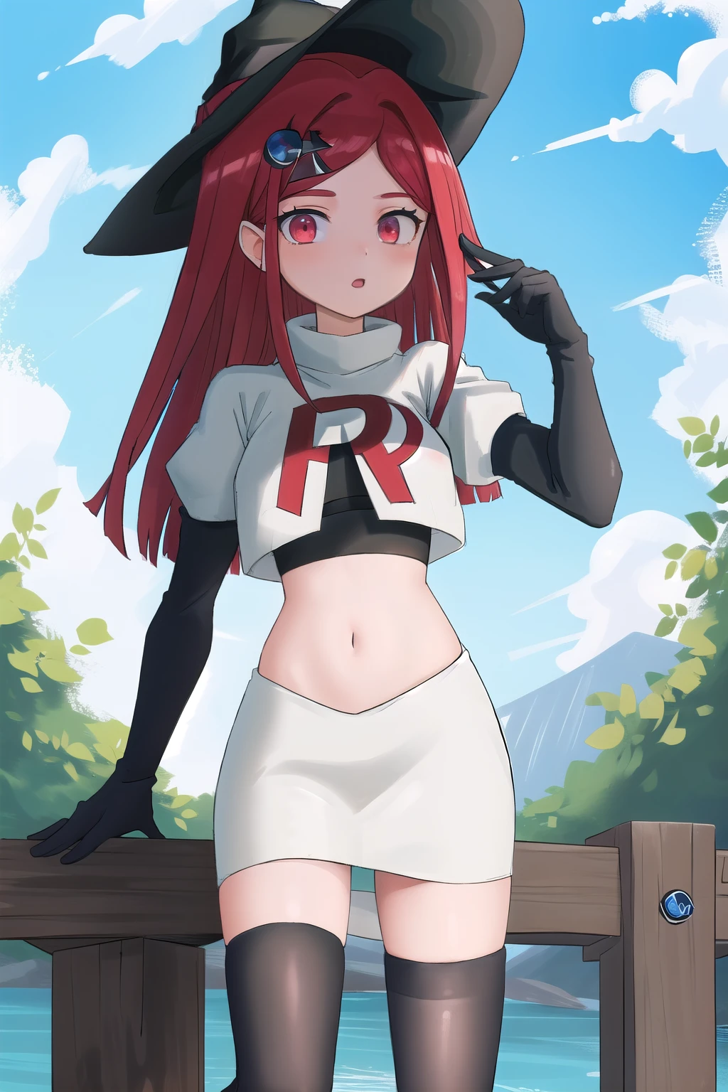 Masterpiece, Best Quality, 1girl, hat, witch hat, outdoors, sky, team rocket,team rocket uniform,white skirt,red letter R,crop top,black thigh-highs,black elbow gloves