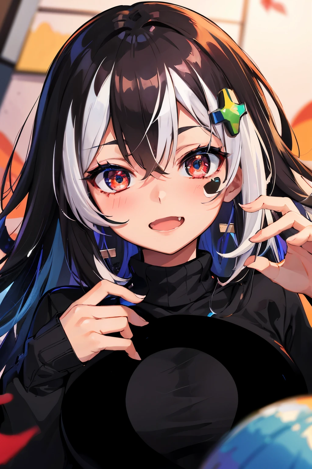 masterpiece, high quality, highres, absurdres, ultra-detailed, 8k, 1girl, platinum grey hair, blue hair, multicolored hair, gradient hair, looking at viewer, red glowing eyes, black turtleneck sweater, (school background:1.15), brilliant colorful paintings, bloom, portrait, cross hair ornament, open mouth, showing fang, (close-up:1.2), from above