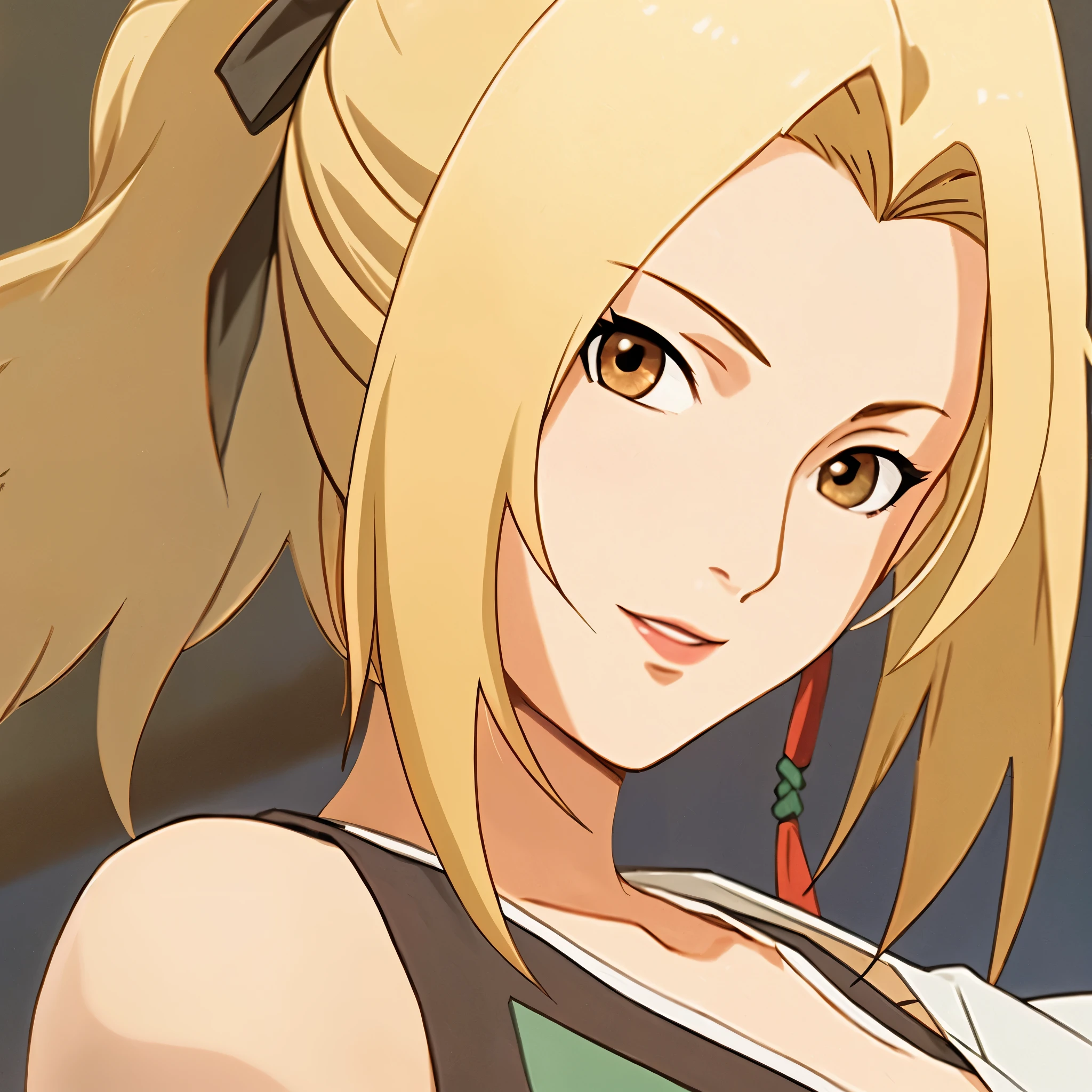 ((Rizag)), head of&#39;artwork， best quality， (1 girl)， Senju Tsunade， big breasts，（split)，（Upper body close-up)，Highly sexy，very shy，Smile，long golden hair, （brown eyeball:1.4)，slim