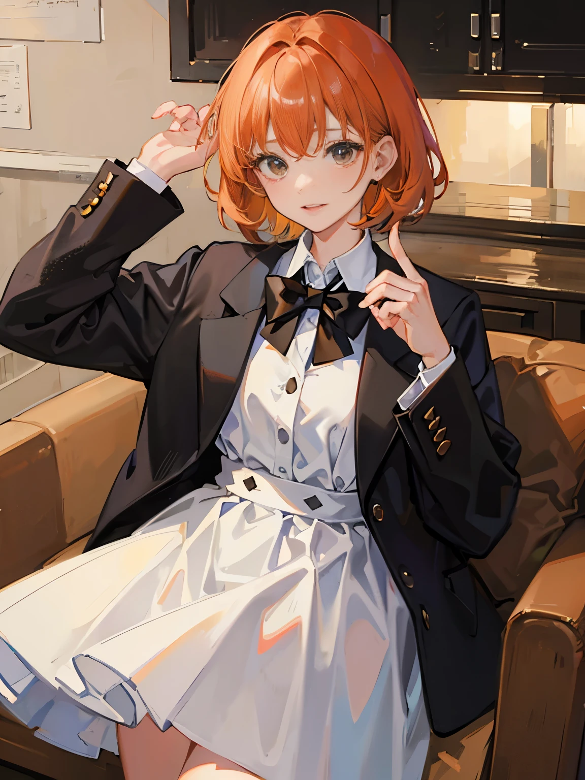 (masterpiece, top quality, best quality, official art, beautiful), female, Orange hair, short hair, with bangs, brown eyes, Extreme Detail, white shirt, black bow tie, long sleeves, long brown skirt.