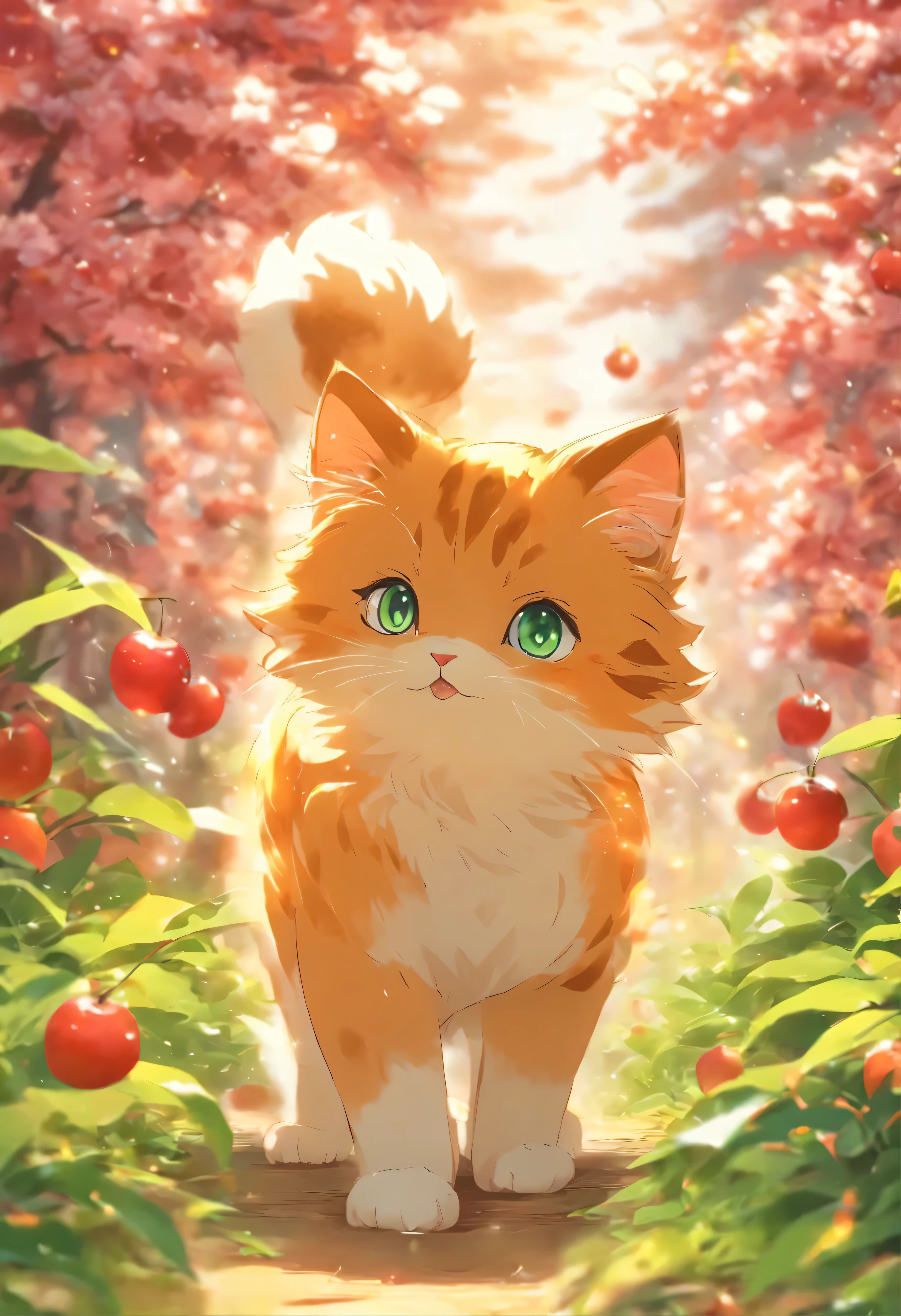 A cute vector of a kitten with a cherry, Anime-Stil, Stil M Jenni, digital illustation, Approaching perfection, sehr detailliert, Zusammen, scharfer Fokus, Illustration, 4k resolution