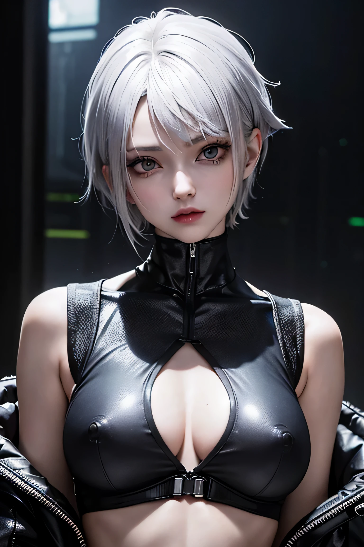 silver short hair,cyberpunk streetwear,女性cyberpunk girl,cyberpunk girl,Wear cyberpunk streetwear,cyberpunk fashion clothing,Cyberpunk fashion crotinodel girl in cyborg style,Cyberpunk-inspired colors,cyberpunk costume, ((erect nipples)), thin waist