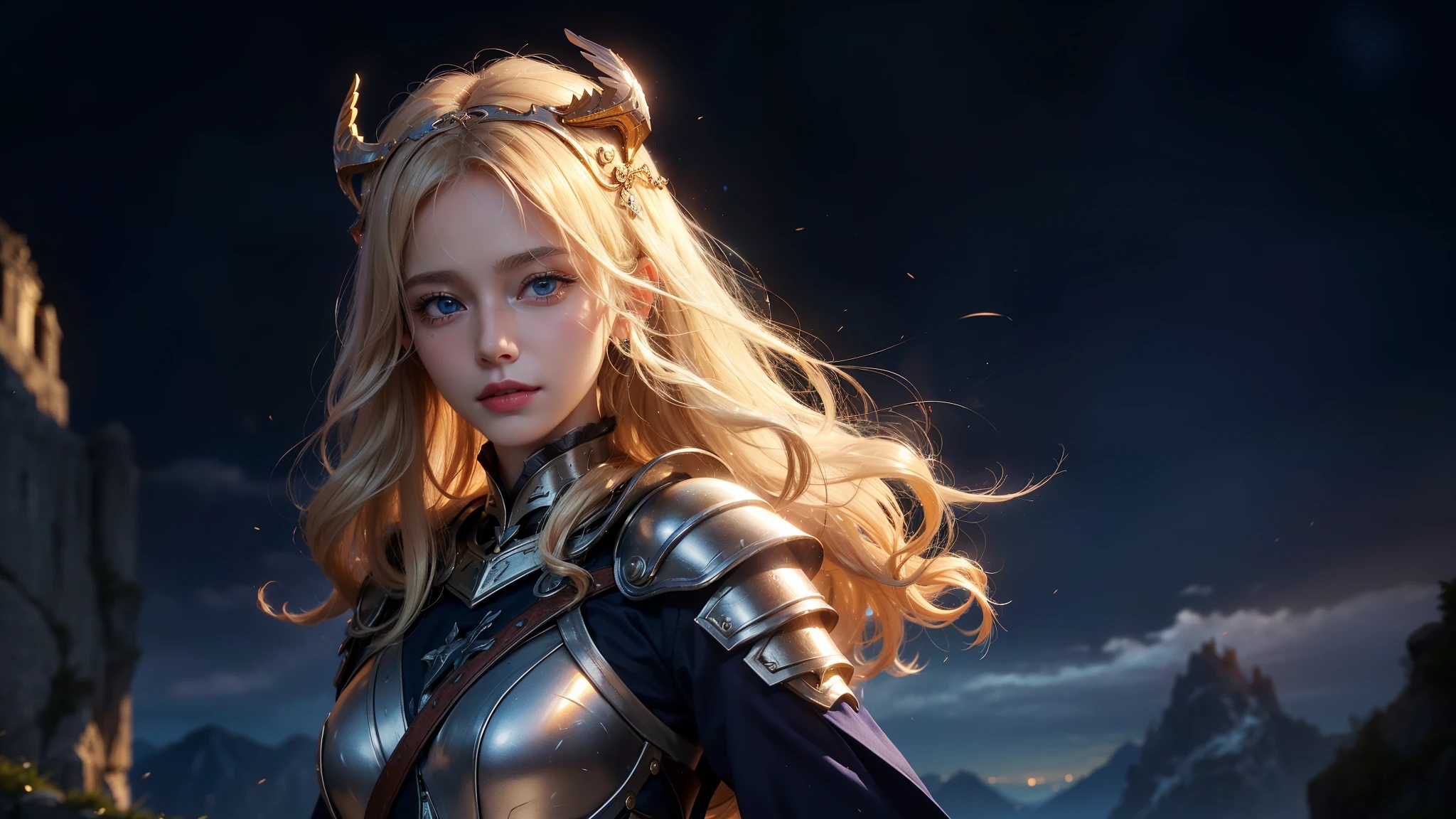 ((best quality, 8k, sharp focus, 35mm lens, masterpiece: 1.2, backlight, The ultimate girl, Highly detailed facial textures, Highly detailed facial textures, Delicate makeup: 1.2, Realistic skin, Delicate bangs)), Mountain background at night, (Detailed full metal armor), Handheld flame gun, (eagle helmet), female war goddess, Inverted triangle face, grinning, Delicate Divine Pale Blonde Hair, messy long curly hair, wind, light mist, Devil's Castle, Beautiful and detailed dark blue eyes, Determination and brave face, The final battle, absurd,