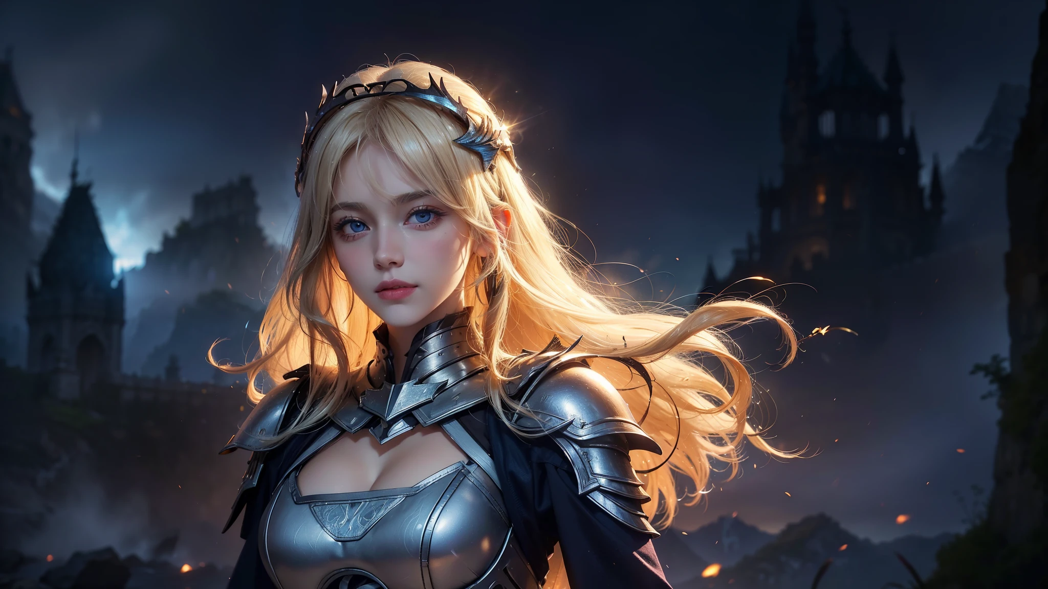 ((best quality, 8k, sharp focus, 35mm lens, masterpiece: 1.2, backlight, The ultimate girl, Highly detailed facial textures, Highly detailed facial textures, Delicate makeup: 1.2, Realistic skin, Delicate bangs)), Mountain background at night, (Detailed full metal armor), Handheld flame gun, (eagle helmet), female war goddess, Inverted triangle face, grinning, Delicate Divine Pale Blonde Hair, messy long curly hair, wind, light mist, Devil's Castle, Beautiful and detailed dark blue eyes, Determination and brave face, The final battle, absurd,