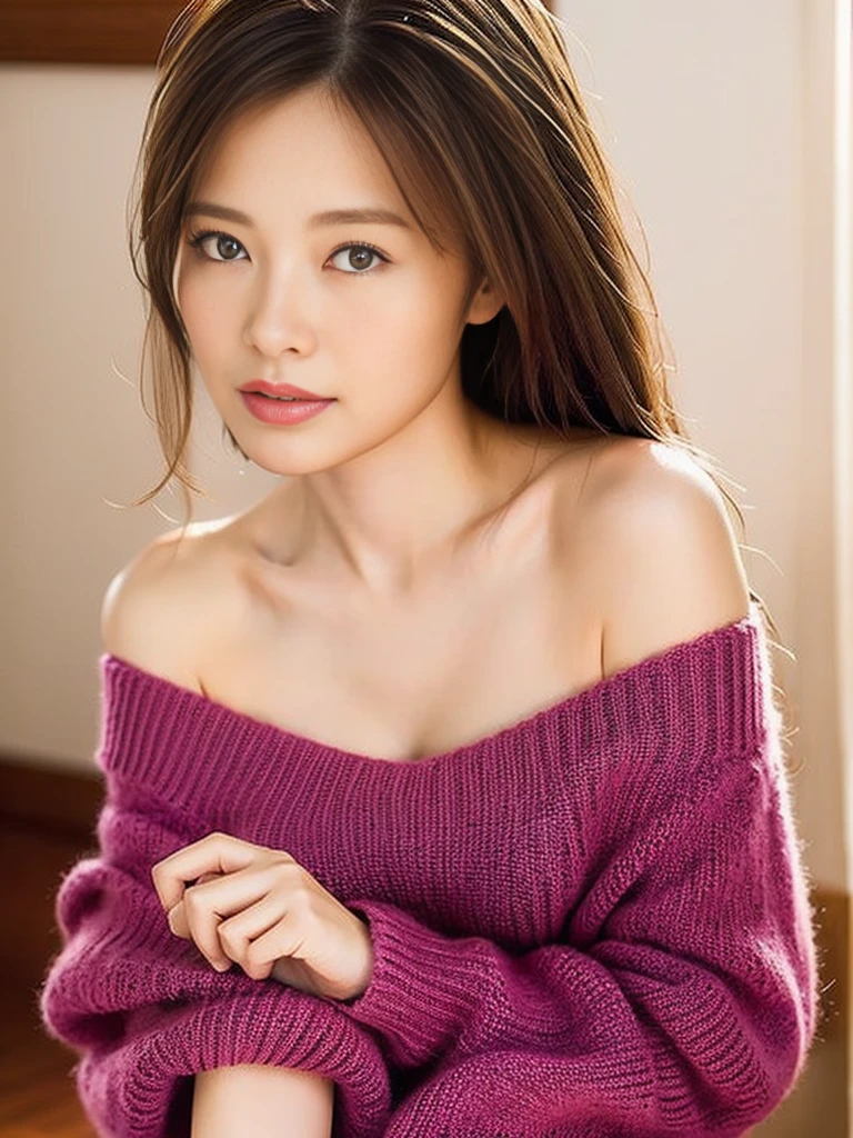 highest quality, masterpiece, 8k, 超A high resolution, (Photoreal:1.4), ((1 girl))、beautiful face、symmetrical eyes、big breasts、perfect body proportions、(off shoulder knit、valley、)、Clothes pull onehand pose