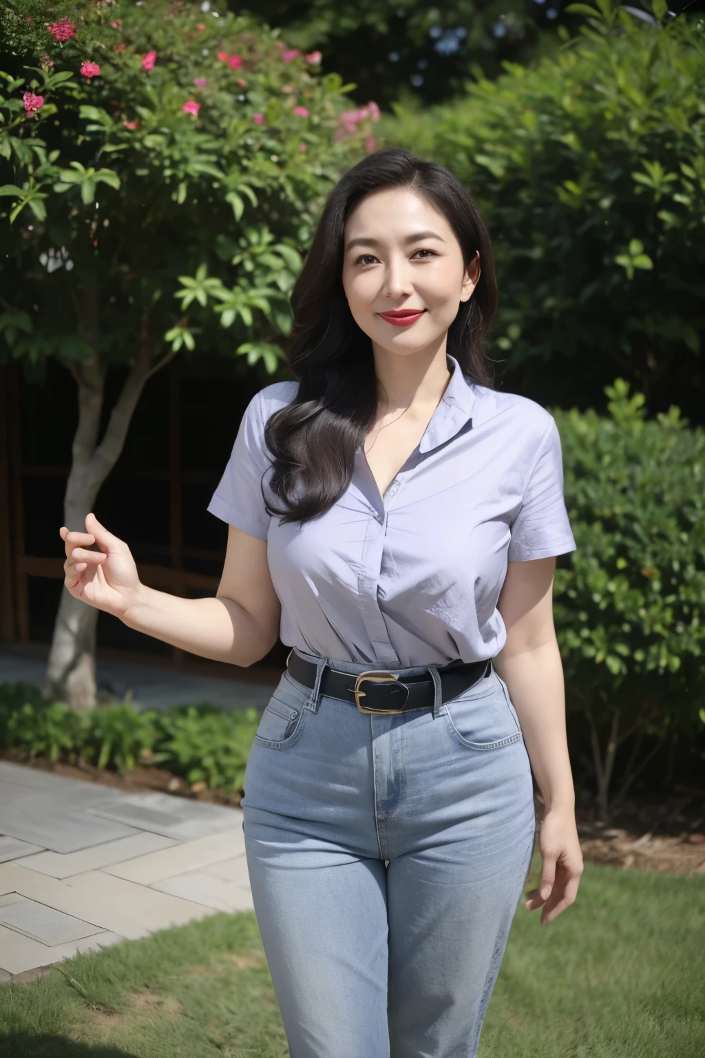 Draw lips correctly, red lipstick, from chest up, best quality, Super detailed, lifelike, Super fine skin, perfect anatomy, (1 日本Mature的女人), (alone)，Wear a gray shirt，short sleeves，blue jeans，black belt，wavy long hair，37-year-old female，Mature，charming smile，outdoor background，stand，Leg length，Chubby，Big breasts，stand up，full-body shot