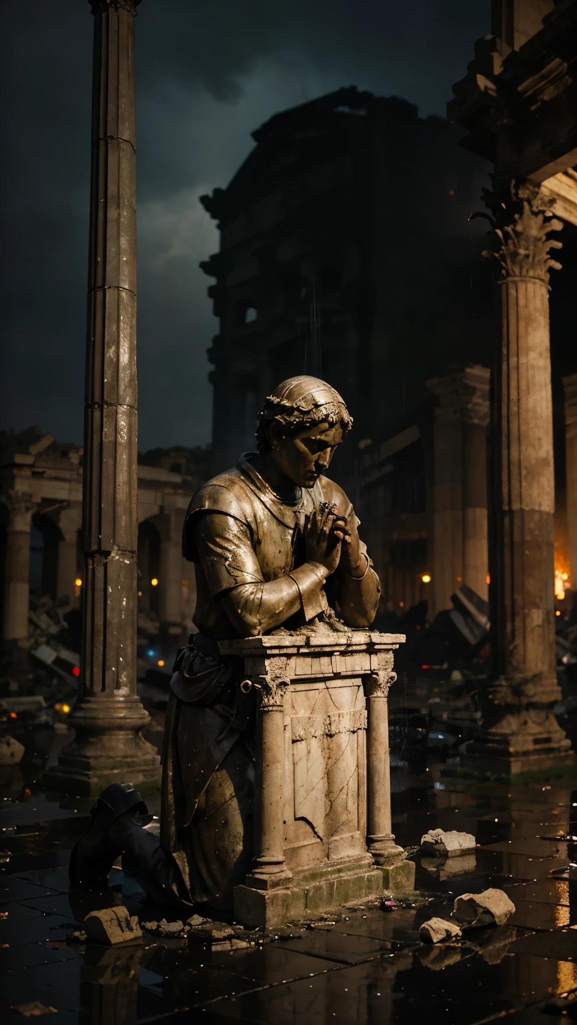 hyper cinematic shot of a statue praying on a destroyed roman city, photorealistic, night, stone statue, a statue praying, destroyed city, rain, raindrops, on fire, smoke, chaotic background, wind, trash, papers on the ground, water podle, (old roman city, old roman architecture, )