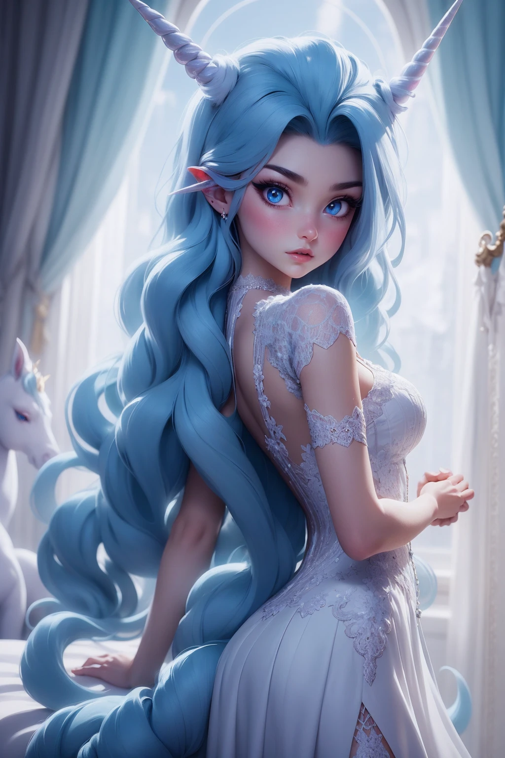 {-erro_de_anatomia:1.0} There is a white unicorn girl, blue mane and long mane, white unicorn, unicorn, unicorn horns, A unicorn, celestia, Nine stories, blue unicorn, soft dreamy, cinematic light《fangs》Unicorn in, mythological creatures, a mythical creature, Pokémon illustration, unicorns, a glaceon princess, white dress, opal eyes. Auroracore, ghostly iridescent, image good for rendering, laying in the bed, backwards, looking back. unicorn girl, full body.