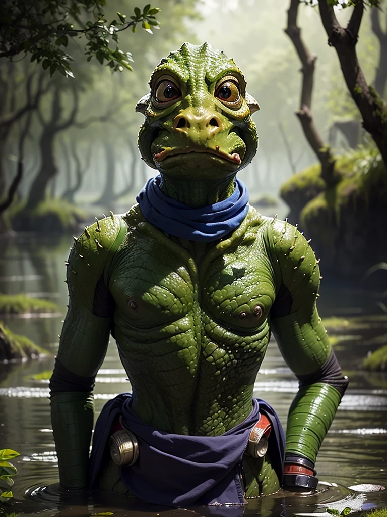 ((best quality: 1.5)) ((masterpiece: 0.8)), intricate details, sharp focus, professional, photorealistic,, ((green jarjar binks, gungan, swamp))