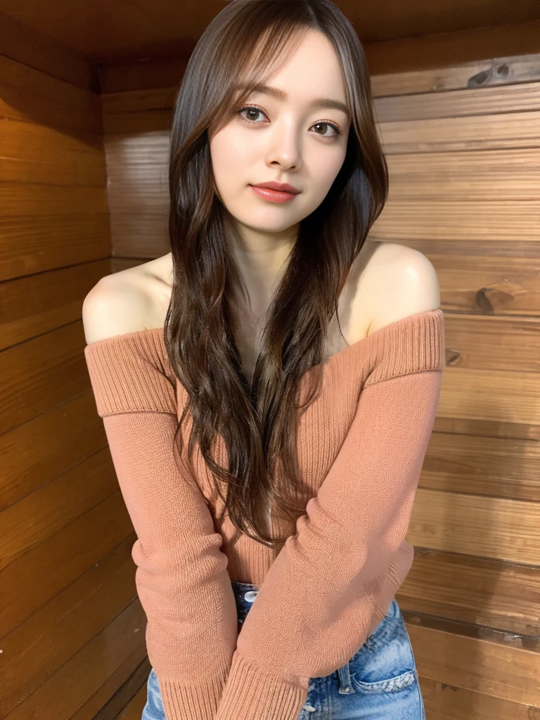 highest quality, masterpiece, 8k, 超A high resolution, (Photoreal:1.4), ((1 girl))、beautiful face、symmetrical eyes、perfect body proportions、(off shoulder knit、valley、)、Clothes pull onehand pose,long legs。brown hair、bangs