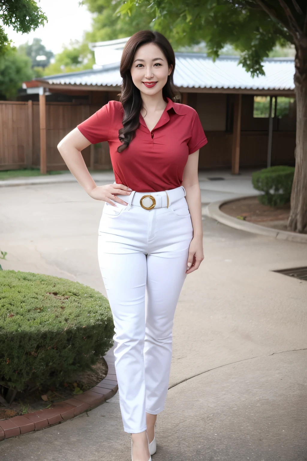 Draw lips correctly, red lipstick, from chest up, best quality, Super detailed, lifelike, Super fine skin, perfect ???????, (1 日本Mature的女人), (alone),Wear a red shirt,short sleeves,white jeans,white belt,wavy long hair,37-year-old female,Mature,charming smile,outdoor background,stand,Leg length,Chubby,Big breasts,stand up,full-body shot
