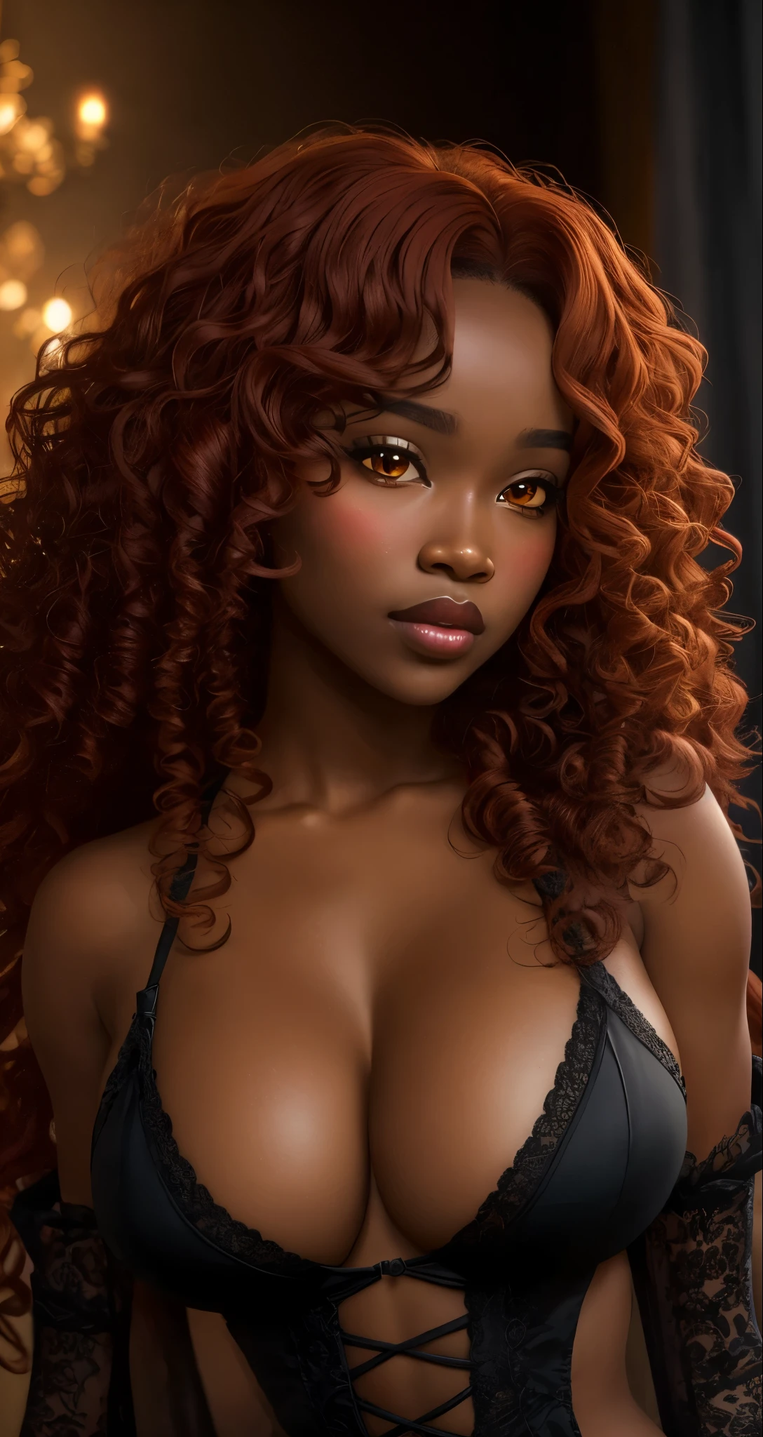 ebony woman, solo, stripper, light red long curly hair, bright honey eyes, detailed face, big cheeks, 
([stunning|Flawless|Attractive|Attractive|gorgeous|pretty]:0.8), (puffy lips :0.9),
masterpiece, professional, high quality, beautiful, amazing, Easy on the eyes, 10 out of 10, gothic, Getty Images, miko, giant,
photoshoot, 4k, realistic, detailed background, abhorrent, real life, by Walter Beach Humphrey, by Pierre Bonnard,