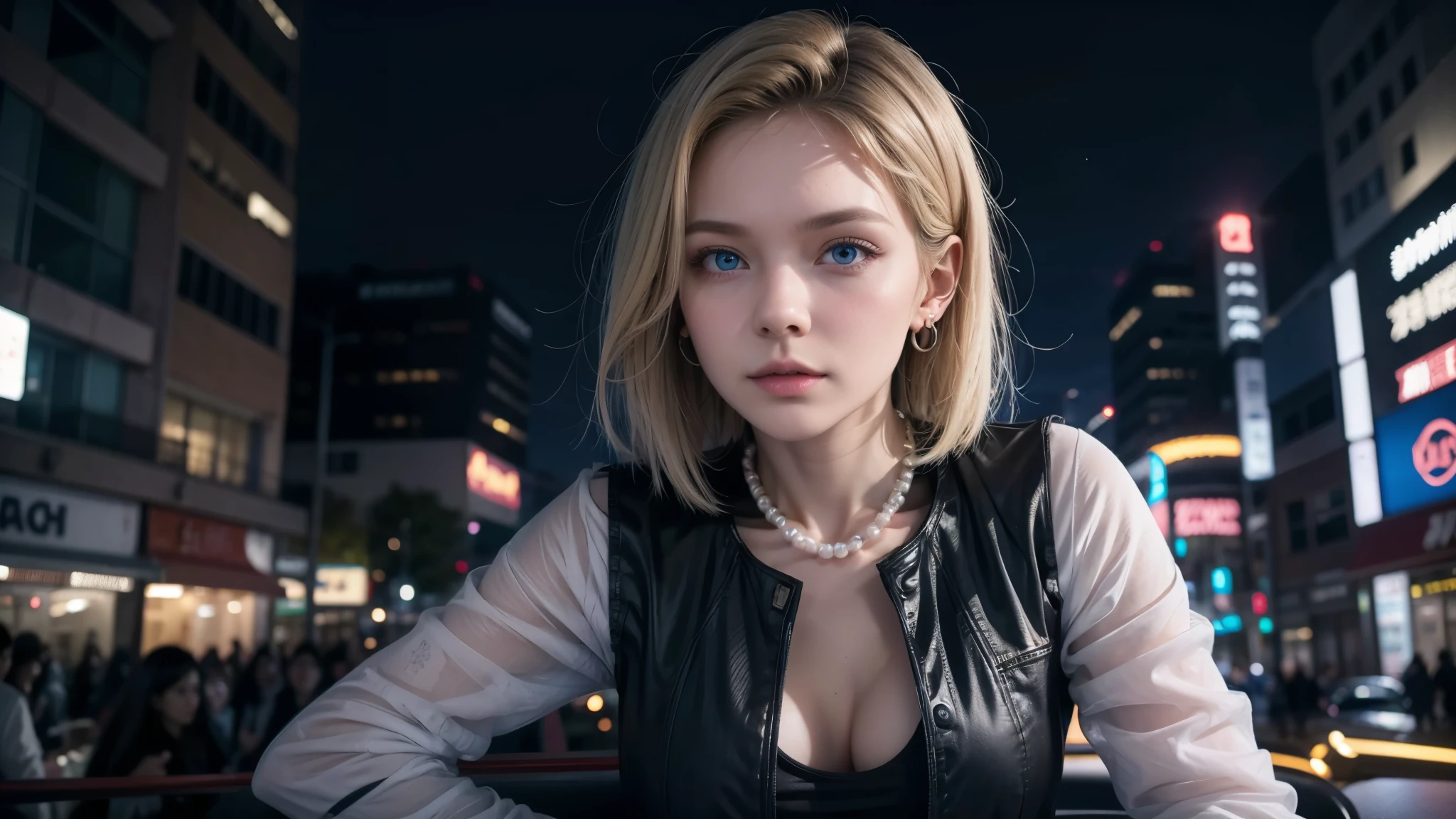 best quality, high resolution, and 18, 1 girl in, 18, alone, blonde hair, blue eyes, short hair, earrings, pearl necklace, denim dress, open vest, black pantyhose, black shirt, Denim skirt, striped long sleeves, blue skirt, medium breasts, Cowboy shooting, street, (Breast enlargement: 1.2),futuristic city,night,cyberpunk,