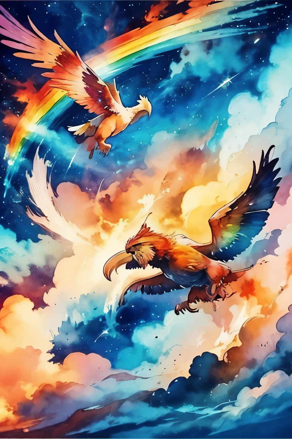 Sunset painting with rainbow in the sky, fire from sky, very colorful heavenly, the sky is a nebula on fire, luminous sky heaven background, with fiery golden wings of flame, 8 K HD detailed oil painting, inspired by Frederic Church, Colorful clouds, Beautiful art UHD 4 K, artwork of a phoenix, ''wallpaper of a phoenix, fantasy puffy sky
