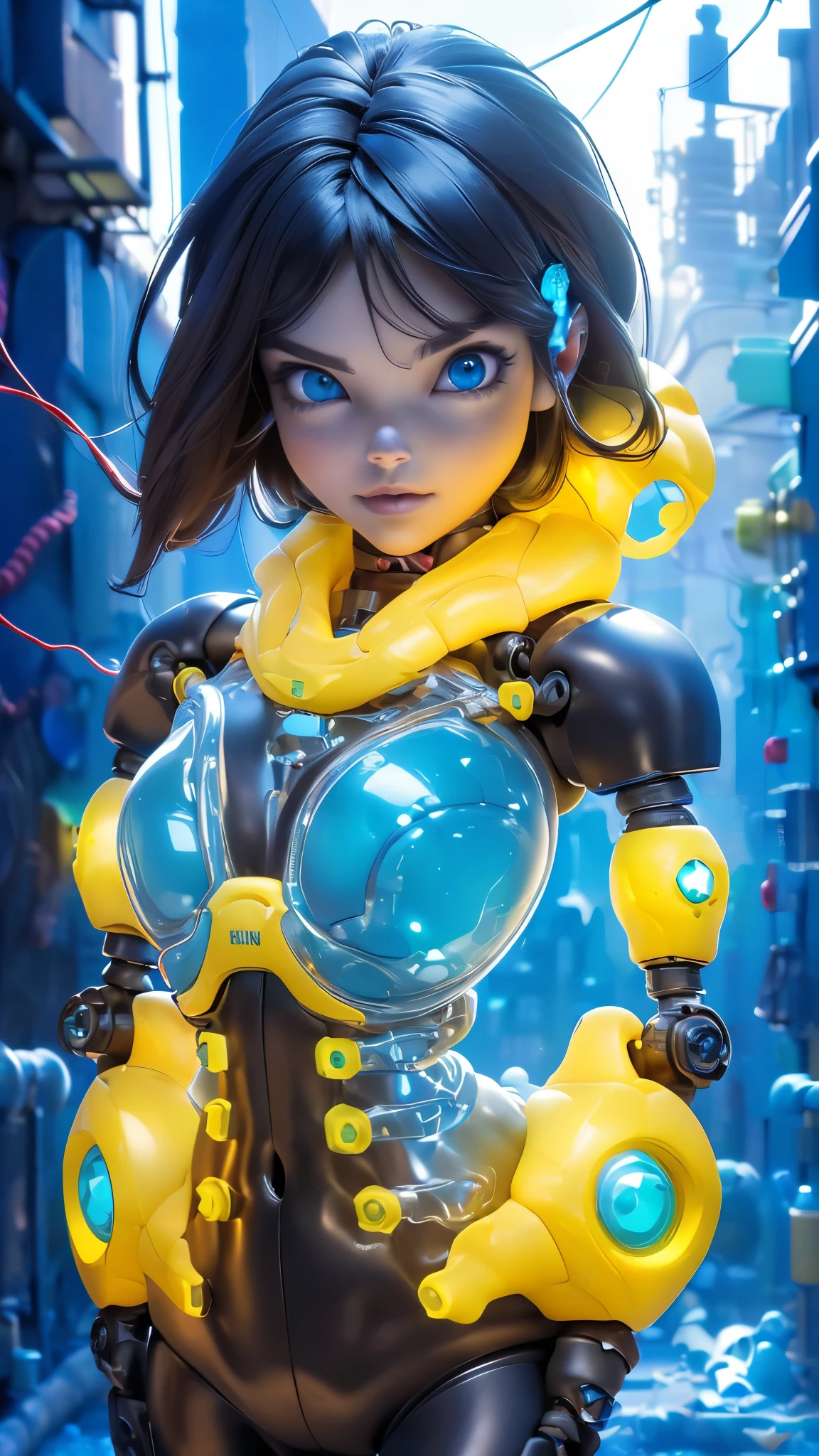 (8K, foto cruda, Of the highest quality, Obra maestra:1.2), High definition RAW color photography, ProFessional Photoshoot, cinematic light, alone, (yellow machine body. , female mechanical doll:1.4 ), (detailed expression), (small face), gargantilla, cuerpo atractivo, (Forma de cuerpo delgado:1.4), Textura de piel y rostro muy detallada, ((Sonrisa sin emociones)), (color de cuerpo negro y rojo), (Machine made gasket:1.4), ((mechanical limbic vertebrae:1.4 )), ((Mechanical cervical spine connected to a choker..)), (alambres y cables conectados al cuerpo:1.4 ), (Countless tubes connected from blood vessels to external and seductive machines., Underground facilities:1.5, (Beautiful skin and the shine of transparent metallic materials :1.4) , (Dedos perfectos, cinco dedos, anatomically correct) , Bokeh de fondo, alta calidad, science fiction art, colores brillantes,(background alley walls big stones:1.4), ((nikon, 135㎜, F/1.8, Muy detallado, Photoshoot)),(ojos hermosos azules:1.4), (fondo nave alienigena dentro:1.4), (laboratory chemical waste background :1.4), (no text)