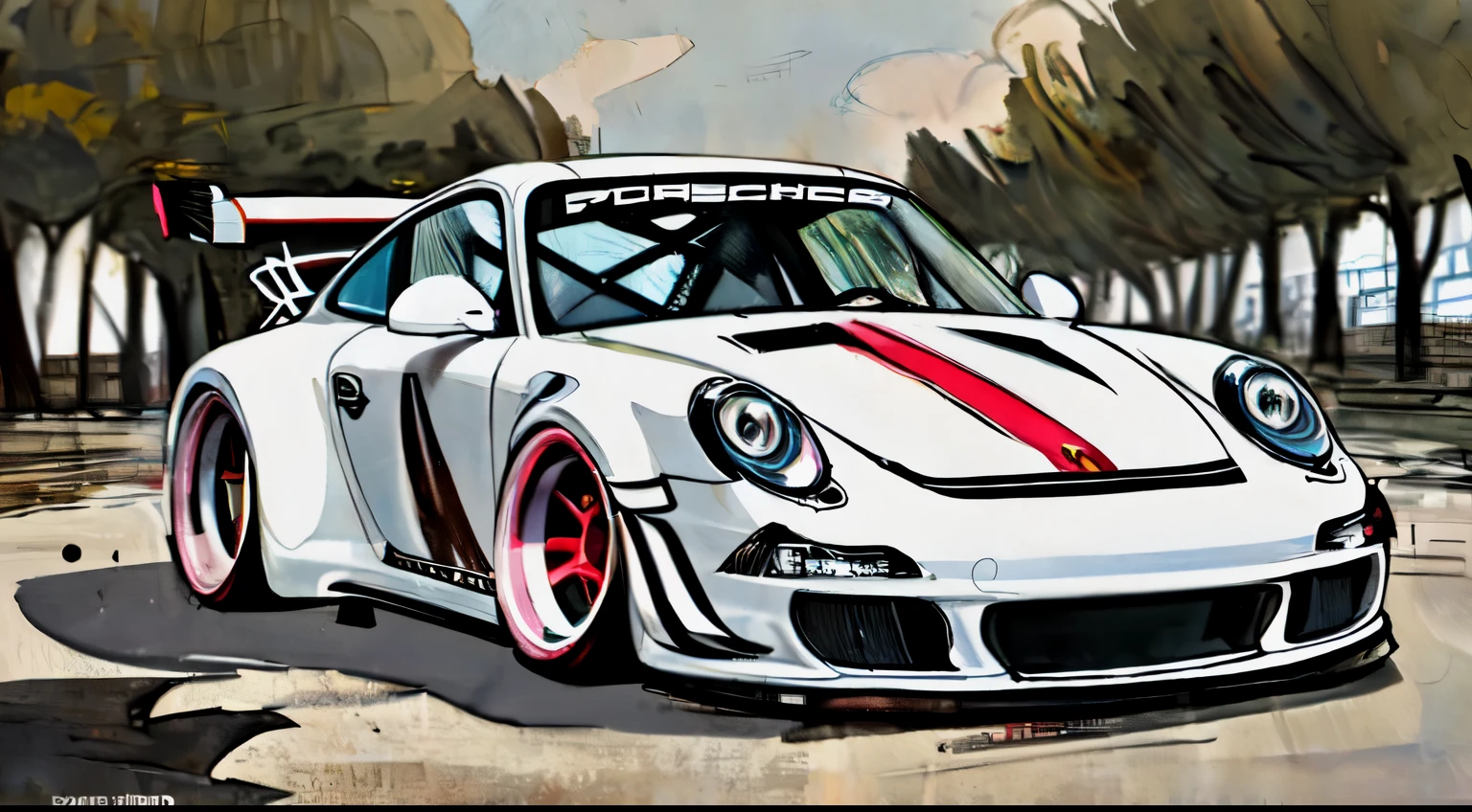 
Porsche 911 rwb, wide body, sketch, 
cartoonish, comic strip, rendering, large  wheels, bagged, slammed to the ground