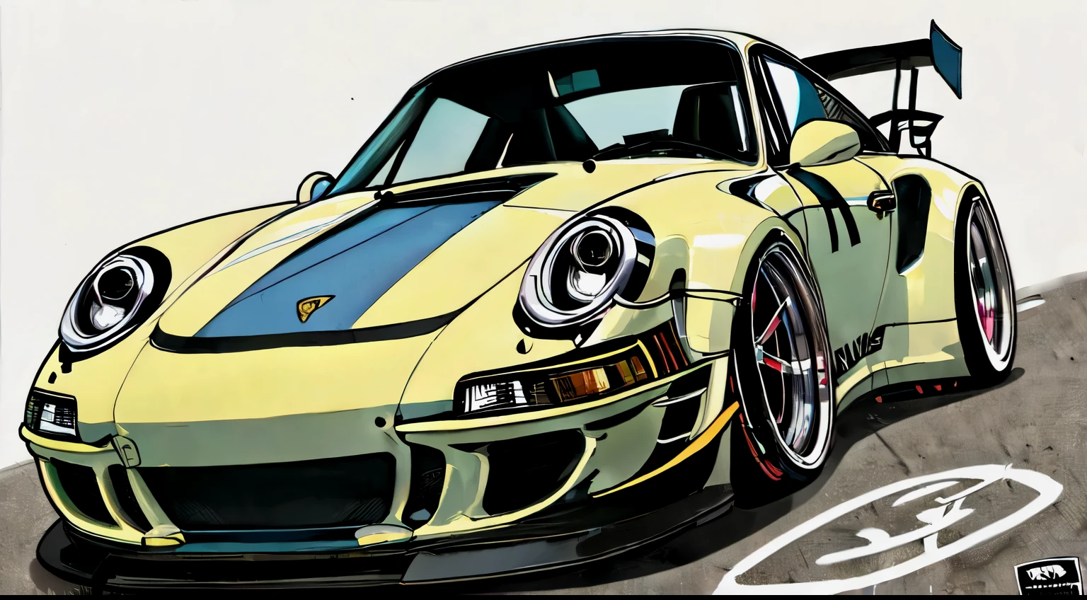 
Porsche 911 rwb, wide body, sketch, 
cartoonish, comic strip, rendering, large  wheels, bagged, slammed to the ground