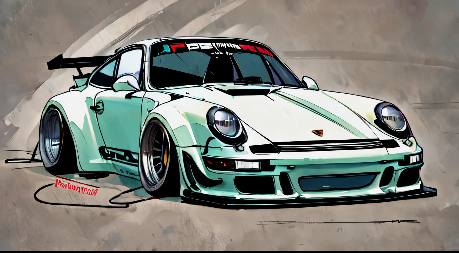 
Porsche 911 rwb, wide body, sketch, 
cartoonish, comic strip, rendering, large  wheels, bagged, slammed to the ground