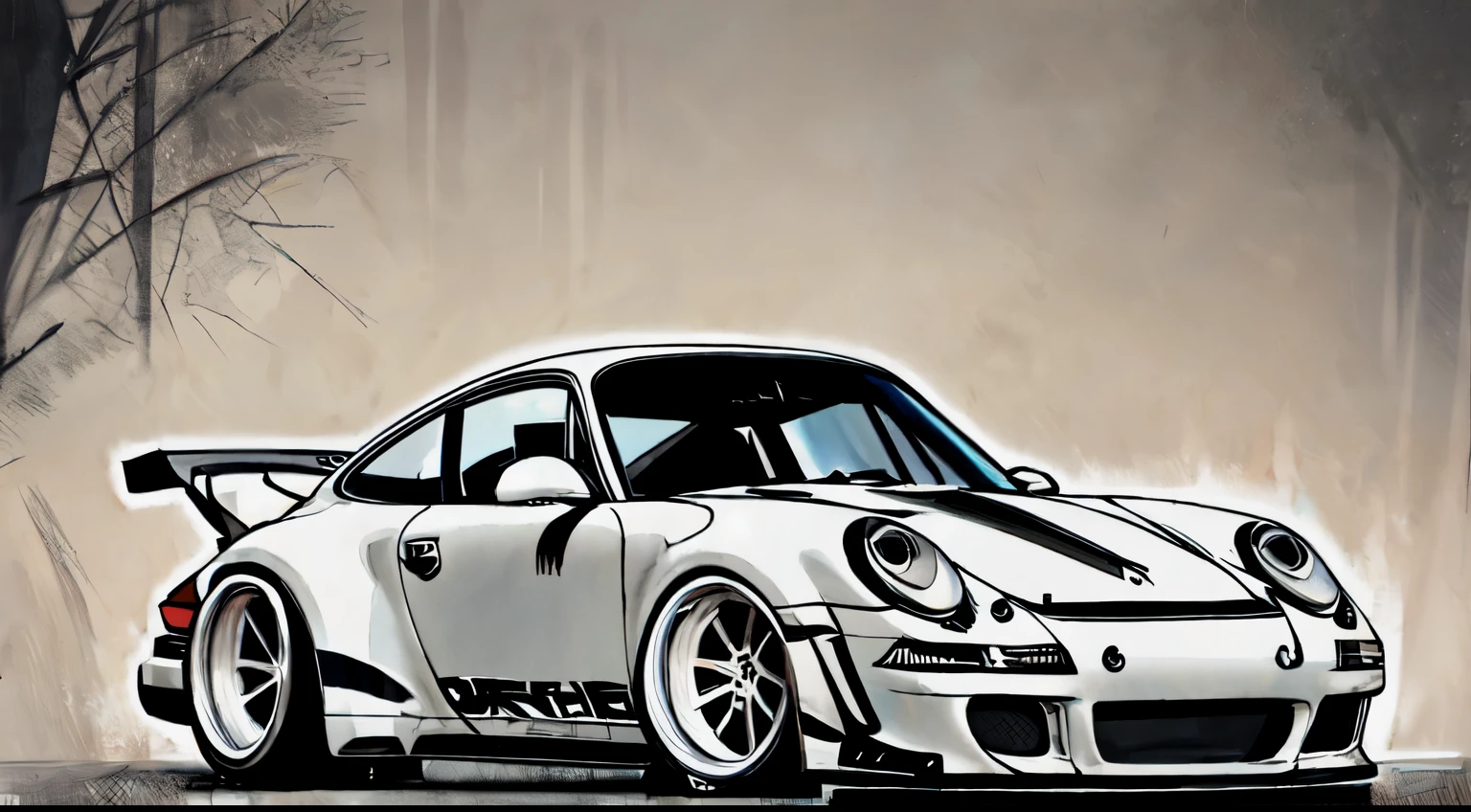 Porsche 911 rwb, wide body, sketch,
cartoonish, comic strip, rendering, large wheels, bagged, slammed to the ground