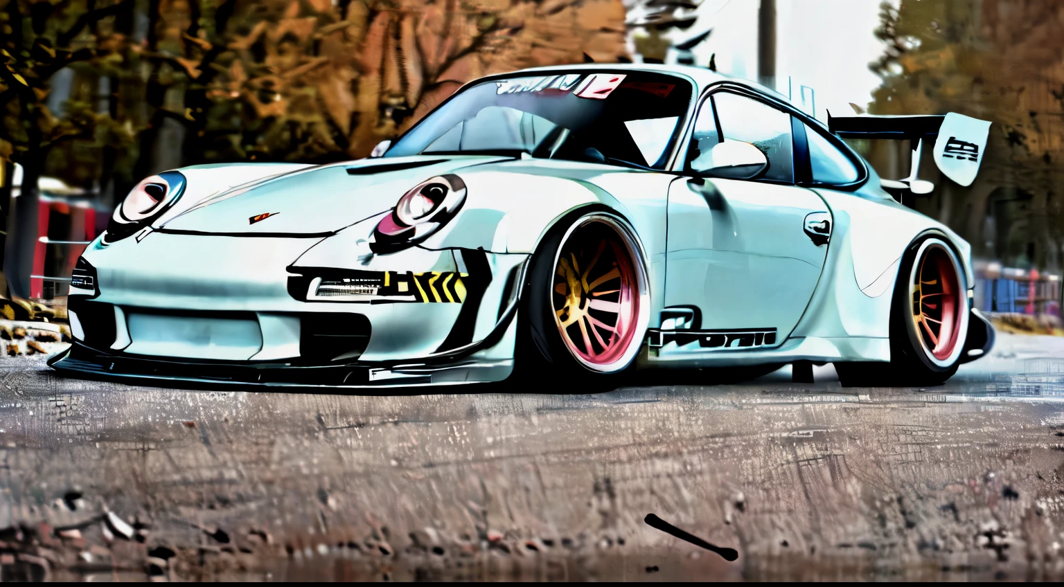 
Porsche 911 rwb, wide body, sketch, 
cartoonish, comic strip, rendering, large  wheels, bagged, slammed to the ground