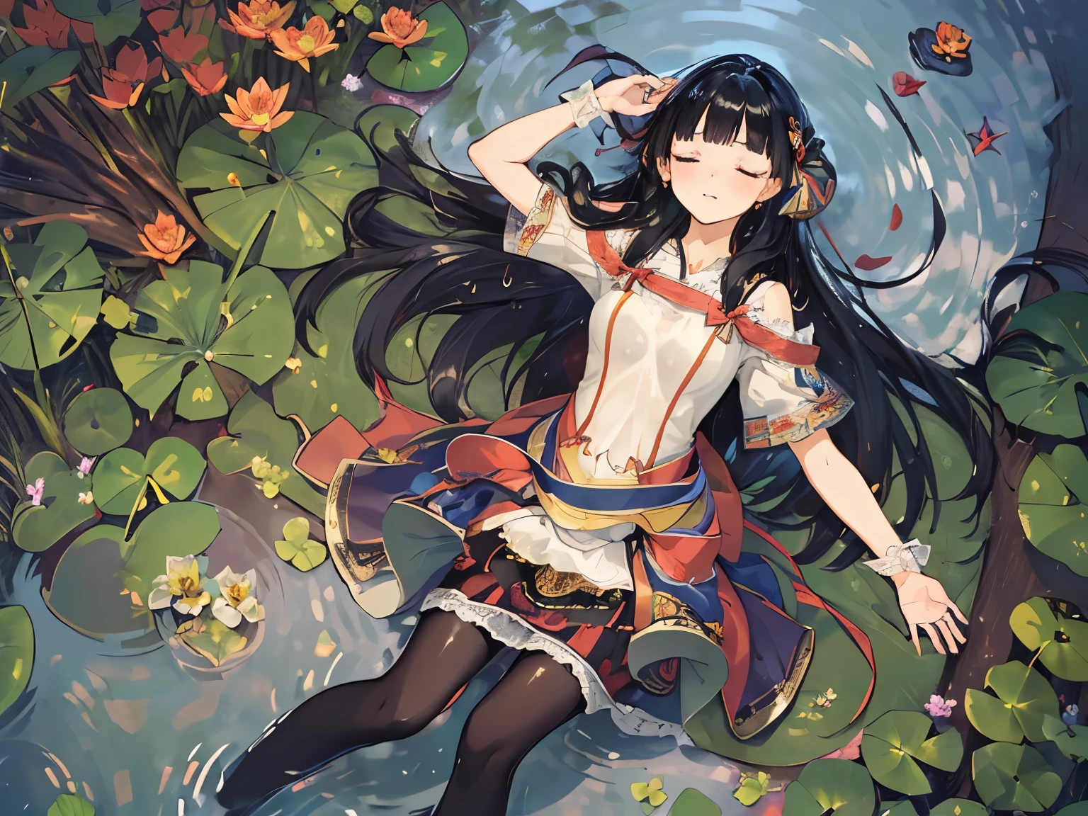 (masterpiece, absurd quality, best quality, official art, beautiful and aesthetic:1.2), 16K, cute petit girl, extreme detailed, digital art, colorful, highest detailed, vivid color, by famous artist, (transform sequence), dynamic angle, landscape, scenery, flower, deep pond, dim , (floating on the pond), (soro:1.5), (1girl:1.5), lipstick, eyelashes, extremely detailed face, eyelashes, extremely detailed face, (perfect legs, perfect hands, perfect anatomy：1.1), depth of field, beautiful lighting, (floating hair:1.3), detailed skin, shiny, (suspended:1.5), (Uplifting:1.5), shiny skin, shiny hair, shiny face, shiny skin, charshall2, (voluminous frills skirt,:1.5) ,(voluminous panniers in skirt:1.5), (sexual feeling:1.5), full body, (from above:1.4), (lie down on the pond:1.5), closed eyes, (wet clothes:1.4), pantyhose, very wide shot, (floating on the pond:1.3), (sleeping:1.3),