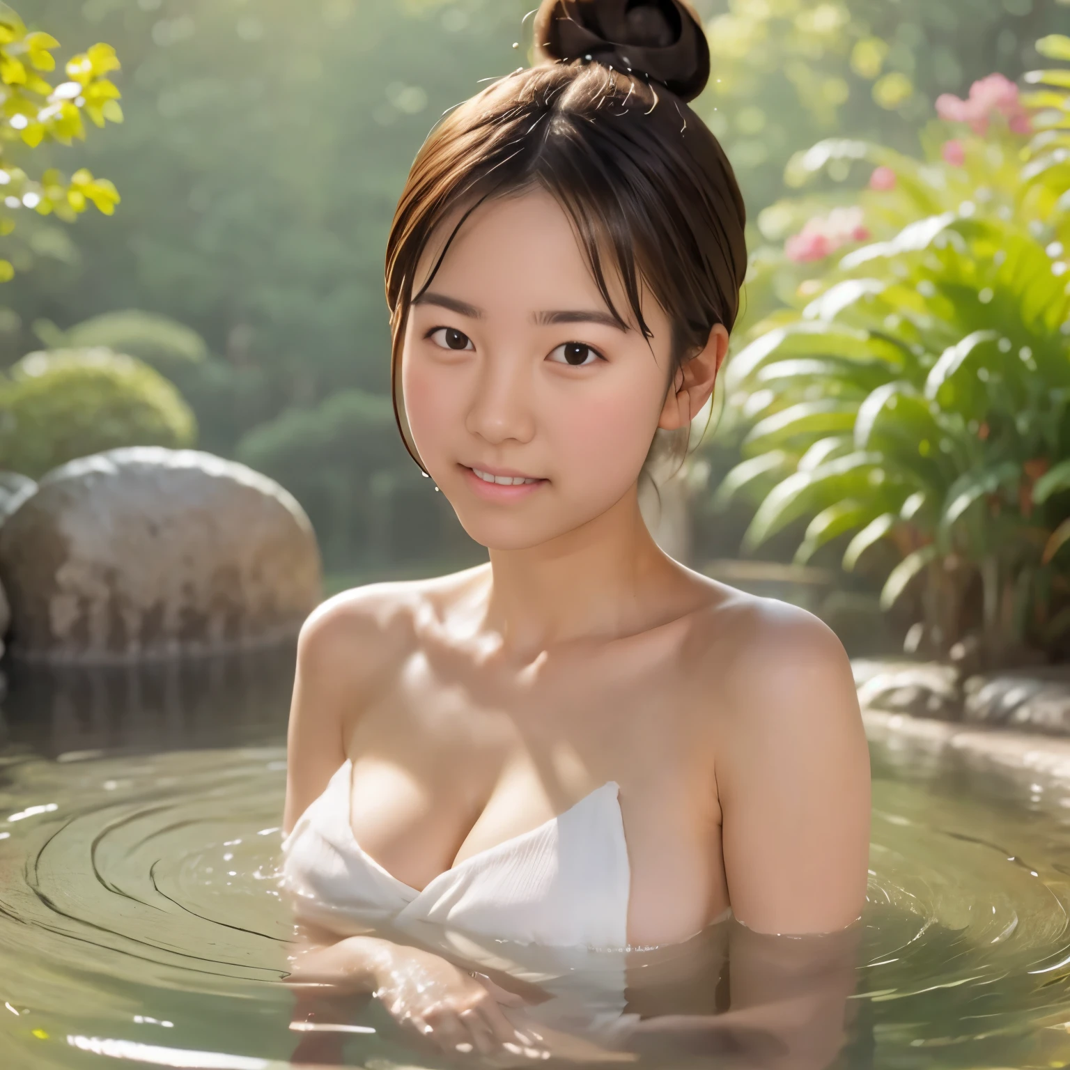 Masterpiece, Best Quality, (1girl), (solo), Ultra-realistic capture, Highly detailed, High resolution 16k, cute girl, natural white skin, (((natural breast:0.8, Height is 145cm, round face, ponytail, dark brown eyes, thin lips, thin eyebrows))), woman bathing in a hot spring, There's a lot of steam rising, so i can't see people far away, relax, enjoy, naked bath towel, (embarrassed), ((look viewer))