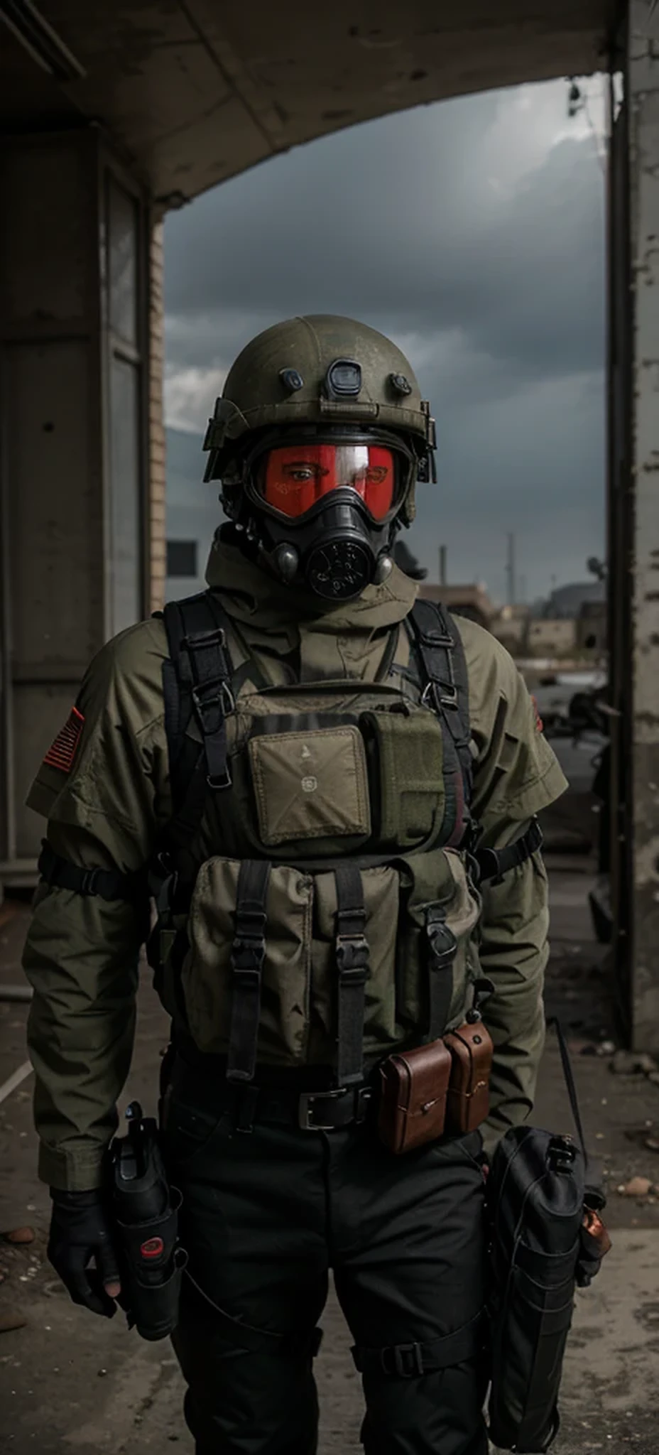 male soldier, red overalls with black details, black military helmet, tactical gas mask with crimson glass, red emblems, black heavy tactical bulletproof vest, black leather gloves, ammunition belt and harness, red military pants, military bag on one of his legs , is in a post apocalyptic city, 4k, ultra detailed image, realistic, very detailed, perfect composition, splendid, intricately detailed, incredibly detailed, art photography 8k , hyper detailed, Masterpiece, ultra detailed, hyper realistic, 4k, ultra detailed image , realistic, highly detailed, perfect composition, splendid, intricately detailed , incredibly detailed, Artistic photography in 8k, hyper detailed