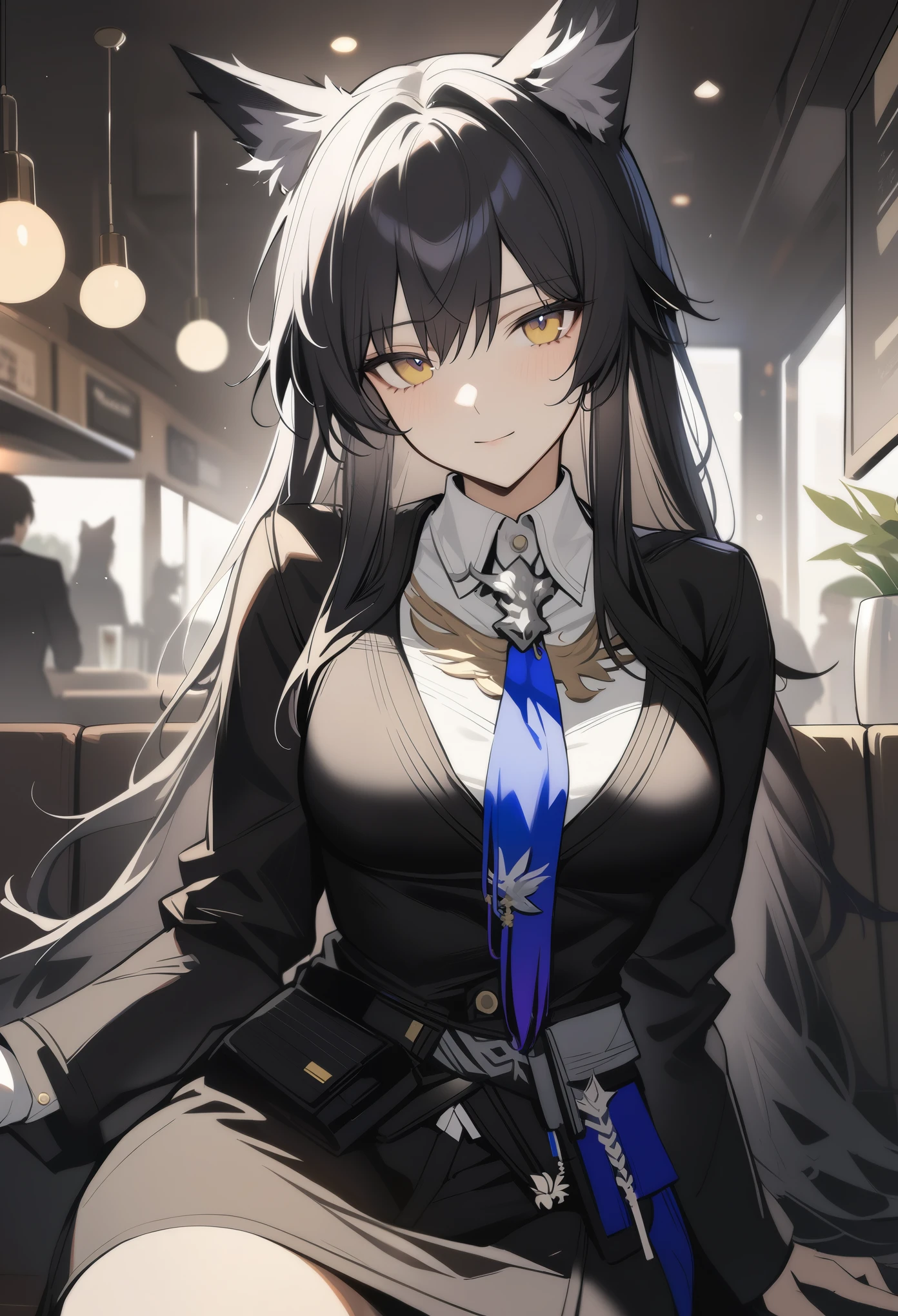 1girl, texas the omertosa\(arknights), arknights, sitting, wolf ears, black hair, long hair, yellow eyes, looking at viewer, light smile, black jacket, white shirt, necktie, in the cafe, masterpiece, best quality