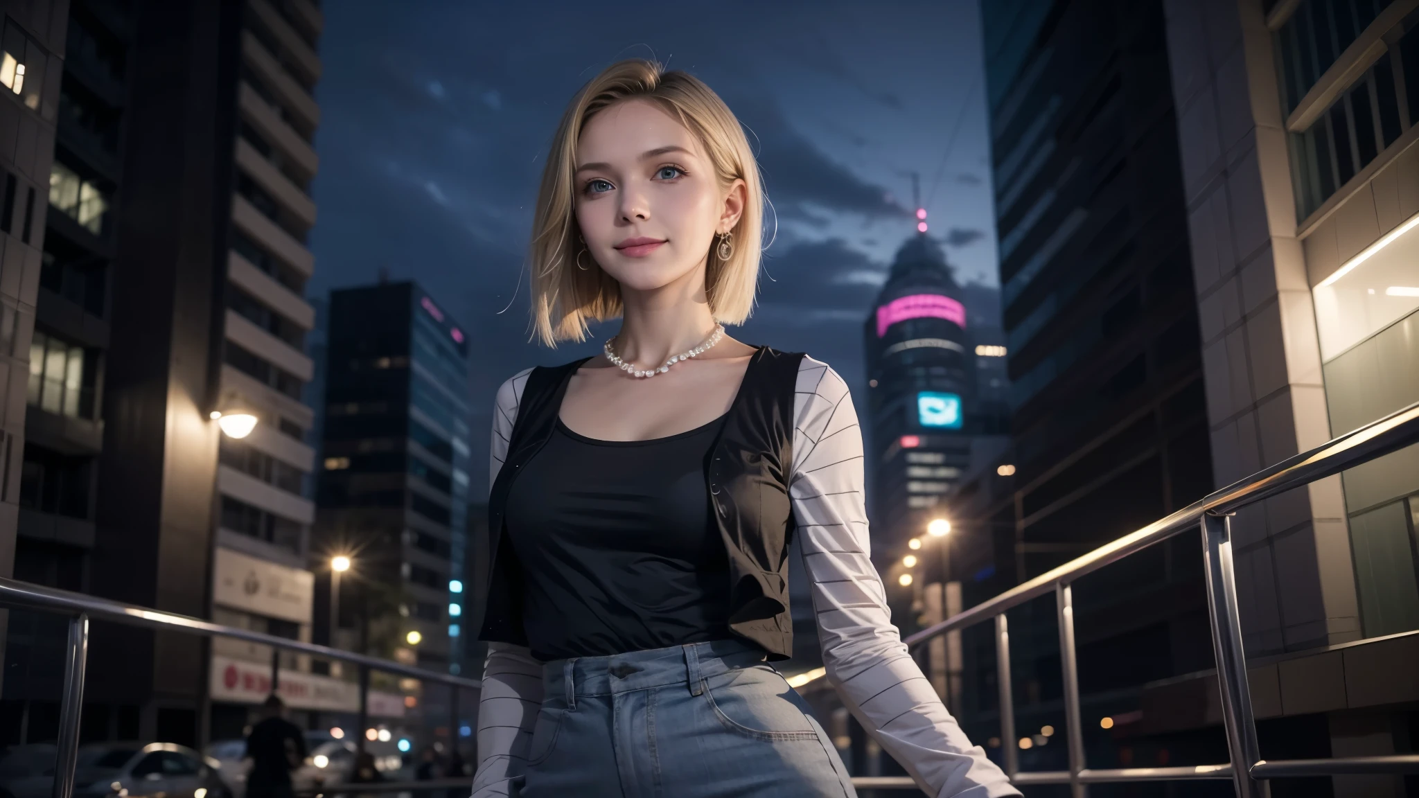 best quality, high resolution, and 18, 1 girl in, 18, alone, blonde hair, blue eyes, short hair, earrings, pearl necklace, denim dress, open vest, black pantyhose, black shirt, Denim skirt, striped long sleeves, blue skirt, medium breasts, Cowboy shooting, street, (Breast enlargement: 1.2),futuristic city,night,cyberpunk,looking into camera,Smile