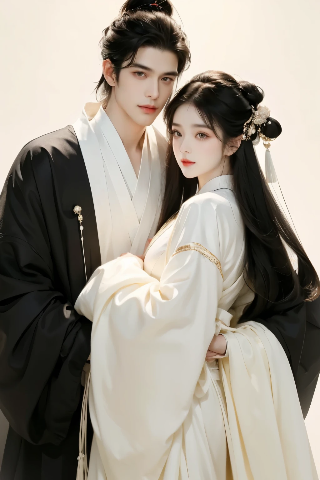 A handsome guy and a beautiful girl are leaning against each other,quiet and peaceful,faint smile,Chinese style clothing and accessories,black hair,perfect face