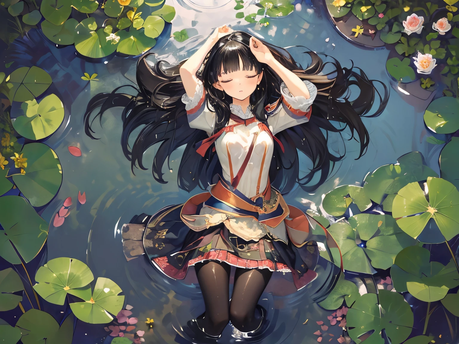 (masterpiece, absurd quality, best quality, official art, beautiful and aesthetic:1.2), 16K, cute petit girl, extreme detailed, digital art, colorful, highest detailed, vivid color, by famous artist, (transform sequence), dynamic angle, landscape, scenery, flower, deep pond, dim , (floating on the pond), (soro:1.5), (1girl:1.5), lipstick, eyelashes, extremely detailed face, eyelashes, extremely detailed face, (perfect legs, perfect hands, perfect anatomy：1.1), depth of field, beautiful lighting, (floating hair:1.3), detailed skin, shiny, (suspended:1.5), (Uplifting:1.5), shiny skin, shiny hair, shiny face, shiny skin, charshall2, (voluminous frills skirt,:1.5) ,(voluminous panniers in skirt:1.5), (sexual feeling:1.5), full body, (from above:1.4), (lie down on the pond:1.5), closed eyes, (wet clothes:1.4), pantyhose, very wide shot, (floating on the pond:1.3), (sleeping:1.3),