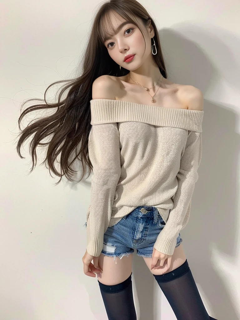 highest quality, masterpiece, 8k, 超A high resolution, (Photoreal:1.4), ((1 girl))、beautiful face、symmetrical eyes、perfect body proportions、(white off shoulder knit、shorts、valley、black knee highs)、Clothes pull onehand pose,long legs。brown hair、bangs、sharp outline、