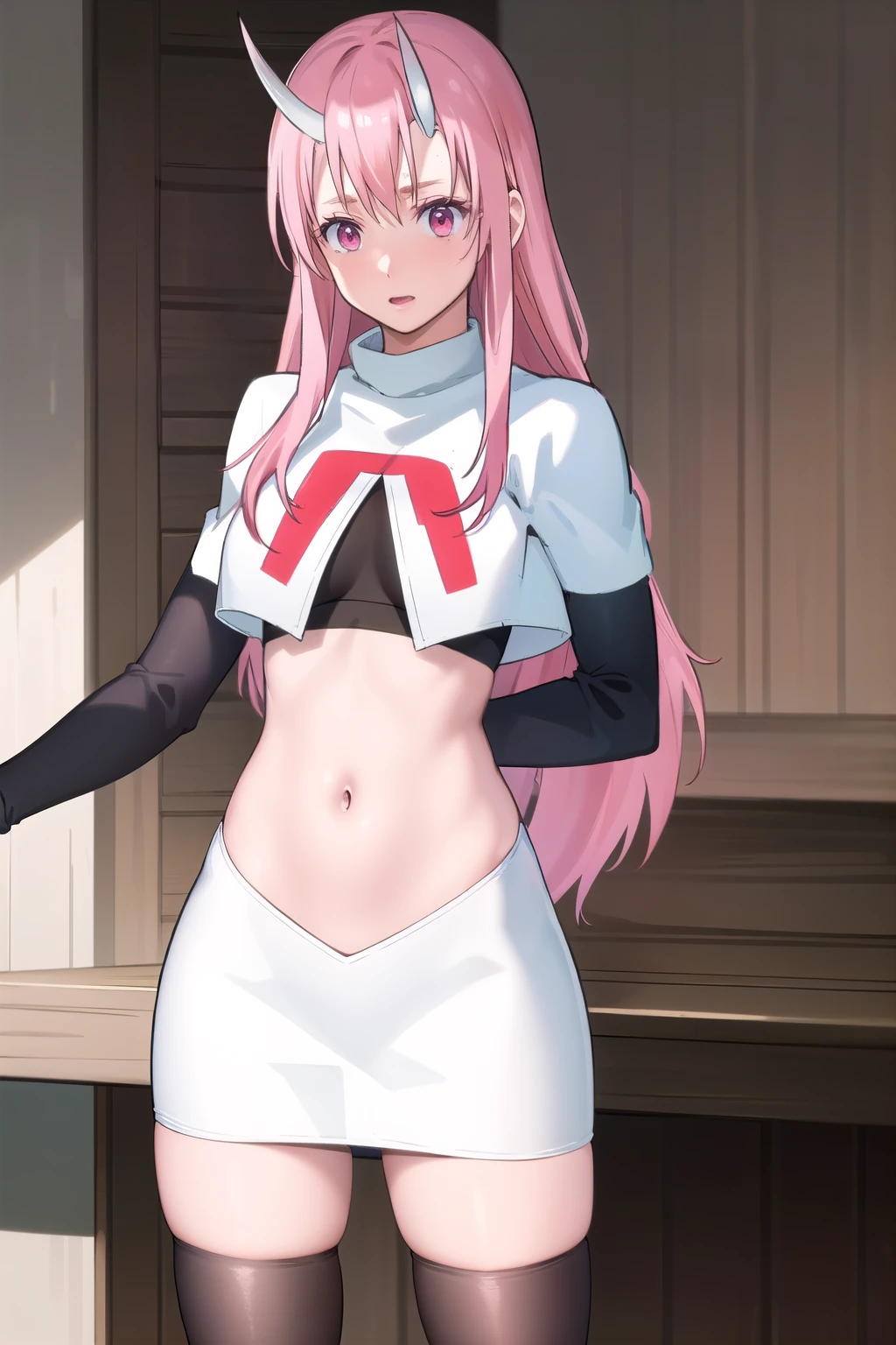 photorealistic, (4k), depth of field, (Masterpiece), (realistic skin texture), extremely detailed, intricate, hyper detailed, professional photography, high resolution, sharp detail, best quality, girl, long hair, pink hair, pink eyes, horns, team rocket,team rocket uniform,white skirt,red letter R,crop top,black thigh-highs,black elbow gloves
