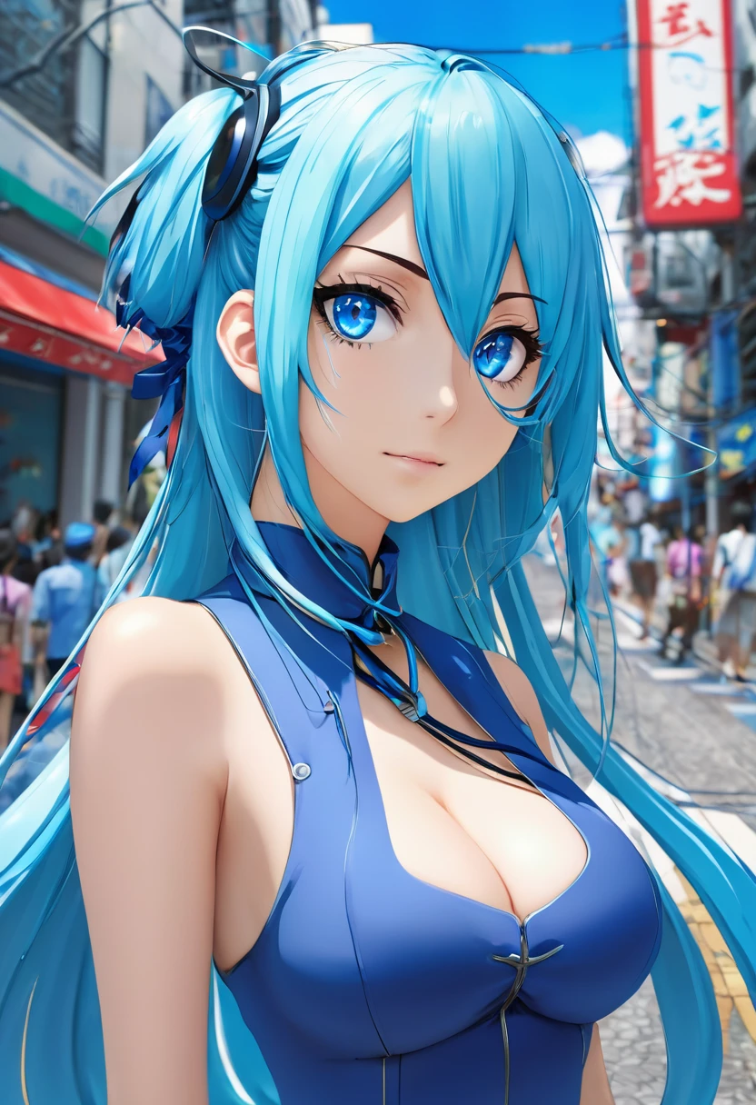 Garota de anime parada na rua da cidade com cabelos longos e olhos azuis, trends on artstation pixiv, olhos roxos, gravata azul, lindo (olhos detalhados, rosto detalhado,) Ahegao, euladef, Temperamento nobre, salto alto, no watermark