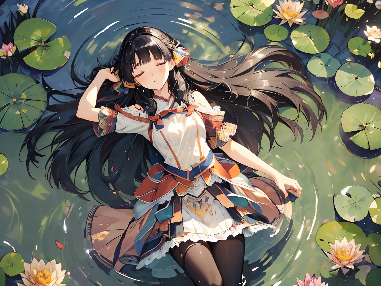 (masterpiece, absurd quality, best quality, official art, beautiful and aesthetic:1.2), 16K, cute it girl, extreme detailed, digital art, colorful, highest detailed, vivid color, by famous artist, (transform sequence), dynamic angle, landscape, scenery, flower, deep pond, dim , (floating on the pond), (soro:1.5), (1girl:1.5), lipstick, eyelashes, extremely detailed face, eyelashes, extremely detailed face, (perfect legs, perfect hands, perfect anatomy：1.1), depth of field, beautiful lighting, (floating hair:1.3), detailed skin, shiny, (suspended:1.5), (Uplifting:1.5), shiny skin, shiny hair, shiny face, shiny skin, charshall2, (voluminous frills skirt,:1.5) ,(voluminous panniers in skirt:1.5), (sexual feeling:1.5), full body, (from above:1.4), (lie down on the pond:1.5), closed eyes, (wet clothes:1.4), pantyhose, very wide shot, (floating on the pond:1.3), (sleeping:1.3),