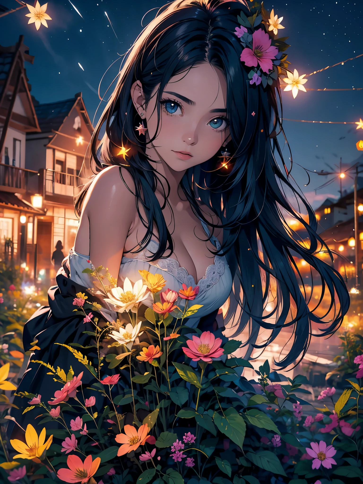 obra de arte, melhor qualidade, noite, montanha, lua cheia, cabelo preto comprido, Mulher, vaga-lume, estrelas, misteriosa flor de cerejeira, folhas rosa, alta qualidade, beautiful graphics, Alto detalhe