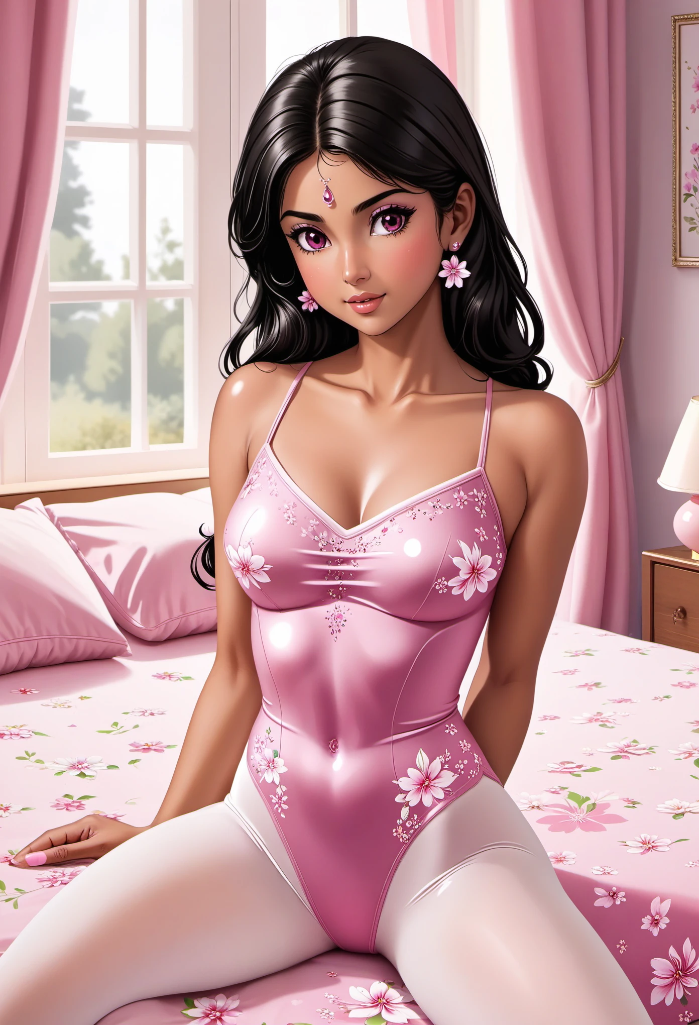 (kwf) (1 man, 1 woman) (20 years old) (hindu, tan skin, jeweled bindi, black hair) (women's beautifully feminine skintight matte floral print camisole ballet-pink leotards) (white tights) (no shoes) (ballet-pink see-through shoulder-length opera gloves) (woman's bedroom, queen size bed)  (hugging, cuddling, caressing) (full body) (extremely erotically detailed, intimacy, separate arms and hands, playfulness, closeness)