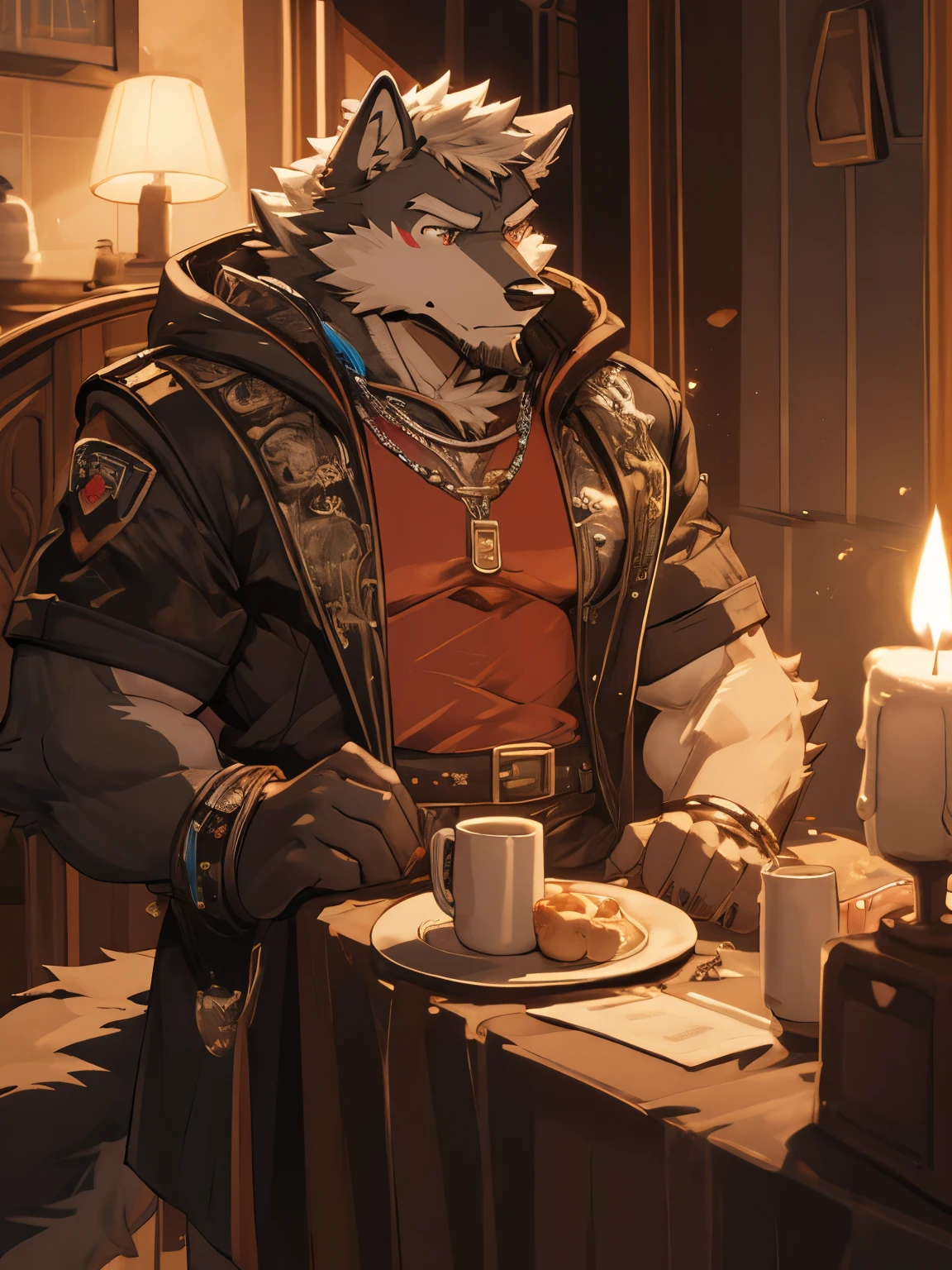 hairy，Wolf，red fur，white hair，Camouflage，muscle，Handsome，man，（（high quality）），Masterpiece，8K，
