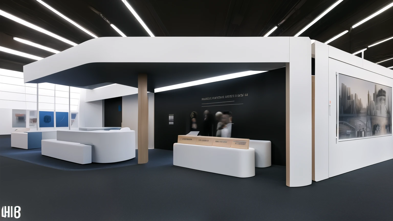 Exhibition hall, many booth design, many peple on walk, hall style modern, UHD, highres, highres, 1080P, 8k, super detail, anatomically correct