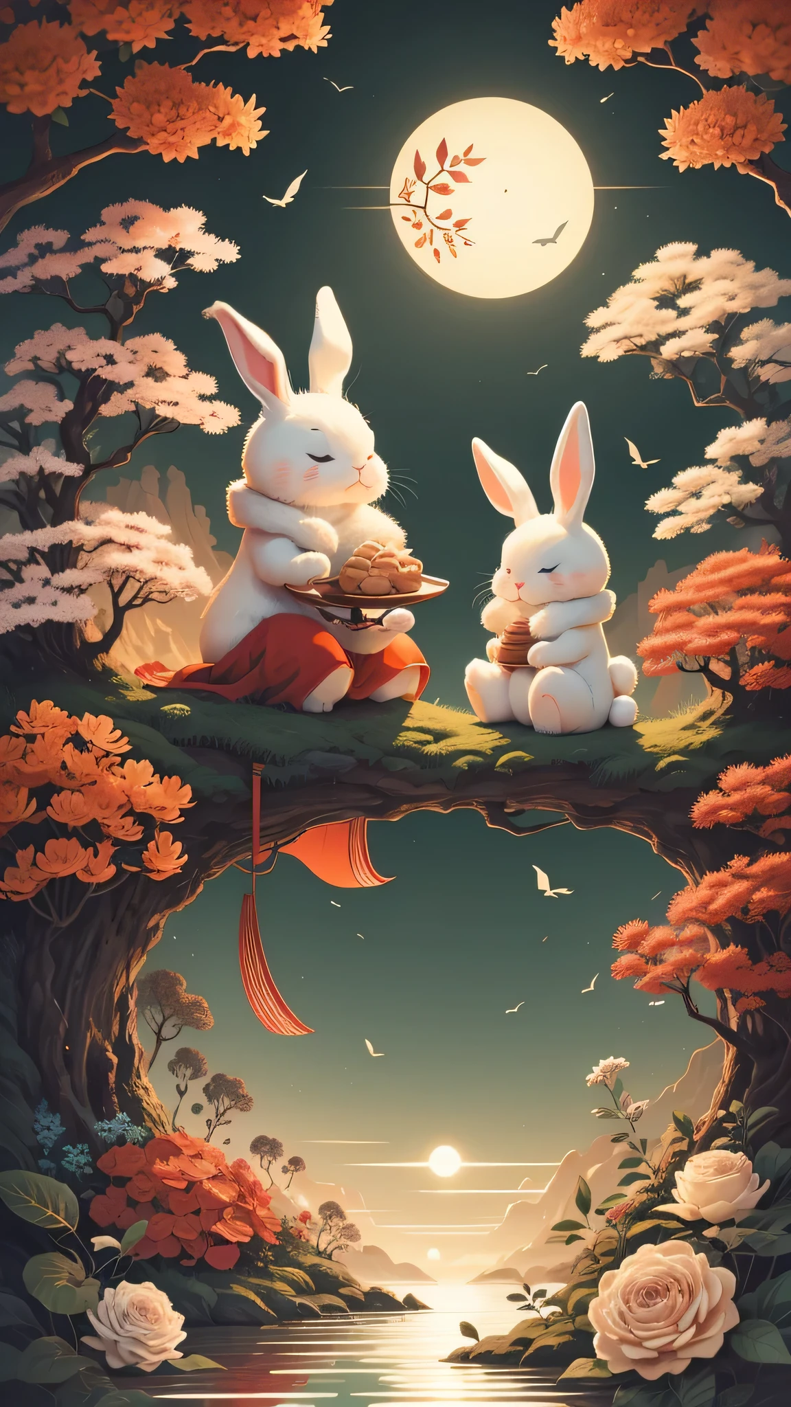 Two cute rabbits eating mooncakes，Surrounded by osmanthus trees，There is a bright moon in the sky，Mid-Autumn Festival，warm color，medium shot，realistic details，high resolution，soft light