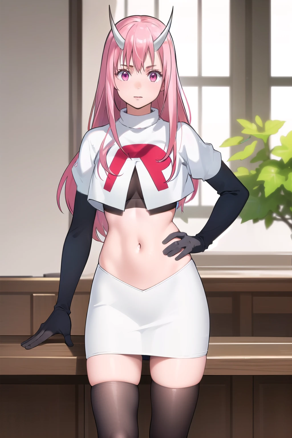 photorealistic, (4k), depth of field, (Masterpiece), (realistic skin texture), extremely detailed, intricate, hyper detailed, professional photography, high resolution, sharp detail, best quality, girl, long hair, pink hair, pink eyes, horns, team rocket,team rocket uniform,white skirt,red letter R,crop top,black thigh-highs,black elbow gloves
