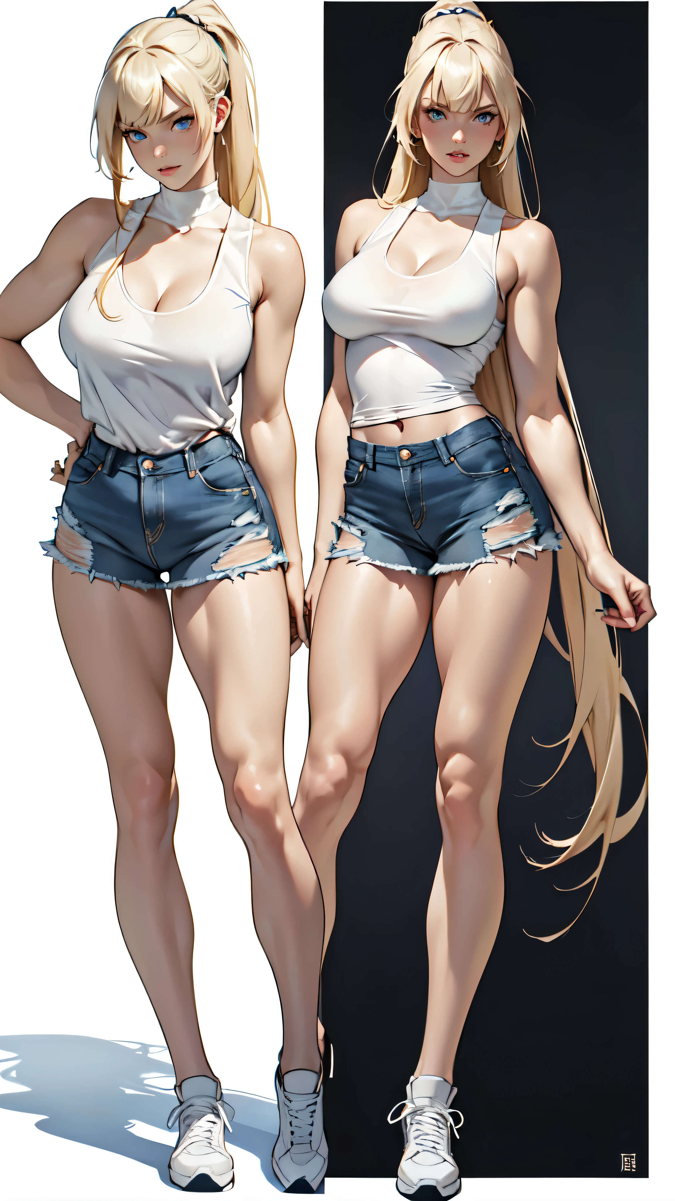 (absurdres, highres, ultra detailed),(absurdres, highres, ultra detailed), 1 female, realistic, young, beautiful, tall lady, thin waist, top model, (((big breasts))), finely detailed eyes and detailed face, ((seductively kissing a lollipop)), ((very long hair)), (very long thin ponytail with Blunt Bangs hairstyle), ((wearing a white tank top and jean mini skirt))), bare arms, bare legs, (white sneakers), seductive expression, ((anime character sheet)), (((full body))), (several poses and expressions), blue eyes, ((blonde hair)), posing, (((pale skin))), white background