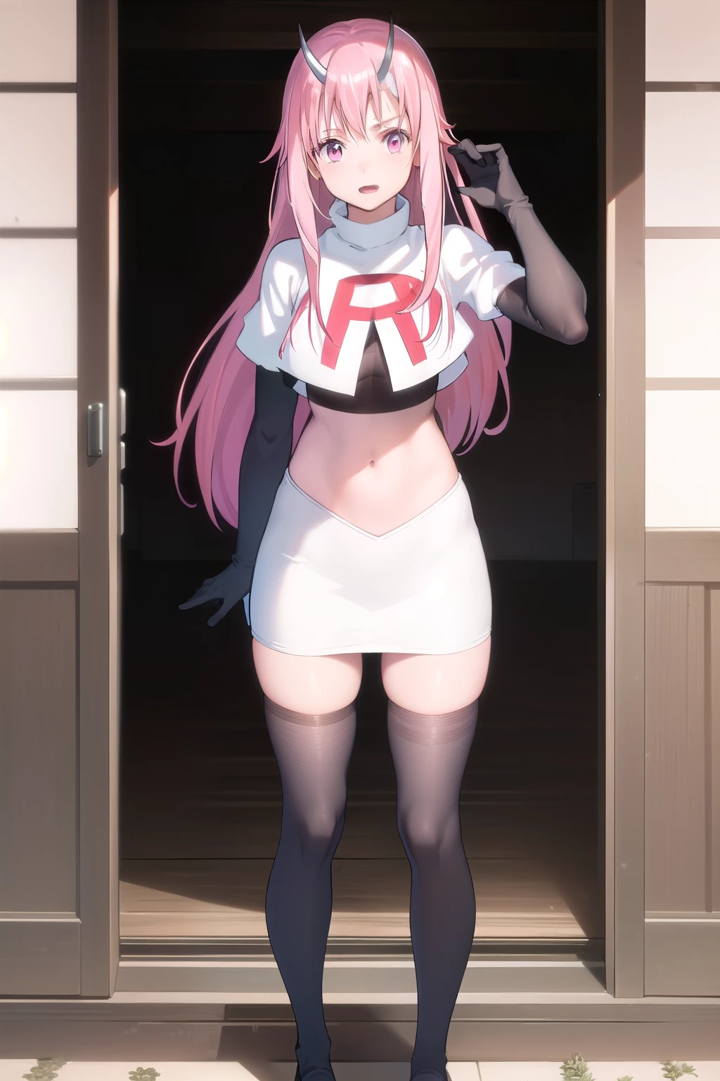 photorealistic, (4k), depth of field, (Masterpiece), (realistic skin texture), extremely detailed, intricate, hyper detailed, professional photography, high resolution, sharp detail, best quality, girl, long hair, pink hair, pink eyes, horns, team rocket,team rocket uniform,white skirt,red letter R,crop top,black thigh-highs,black elbow gloves
