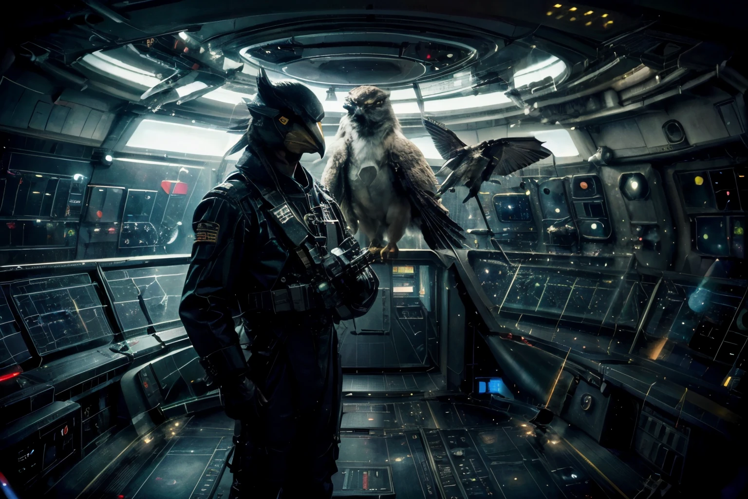 ((a anthro bird standing in a naval uniform on a spaceship bridge looking at a space battle)), masterpiece, photo realistic, best, hyper realistic bridge scene with an anthro bird, futuristic alien bird admiral