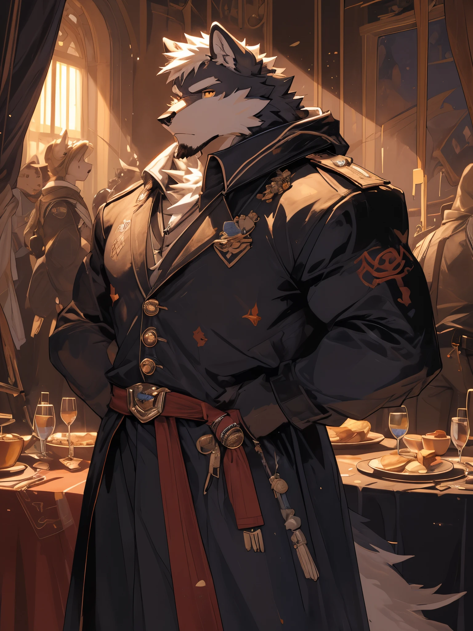 best quality, masterpiece, hairy,Wolf,white hair,red fur,,golden pupils,Handsome,man,muscle,8K,