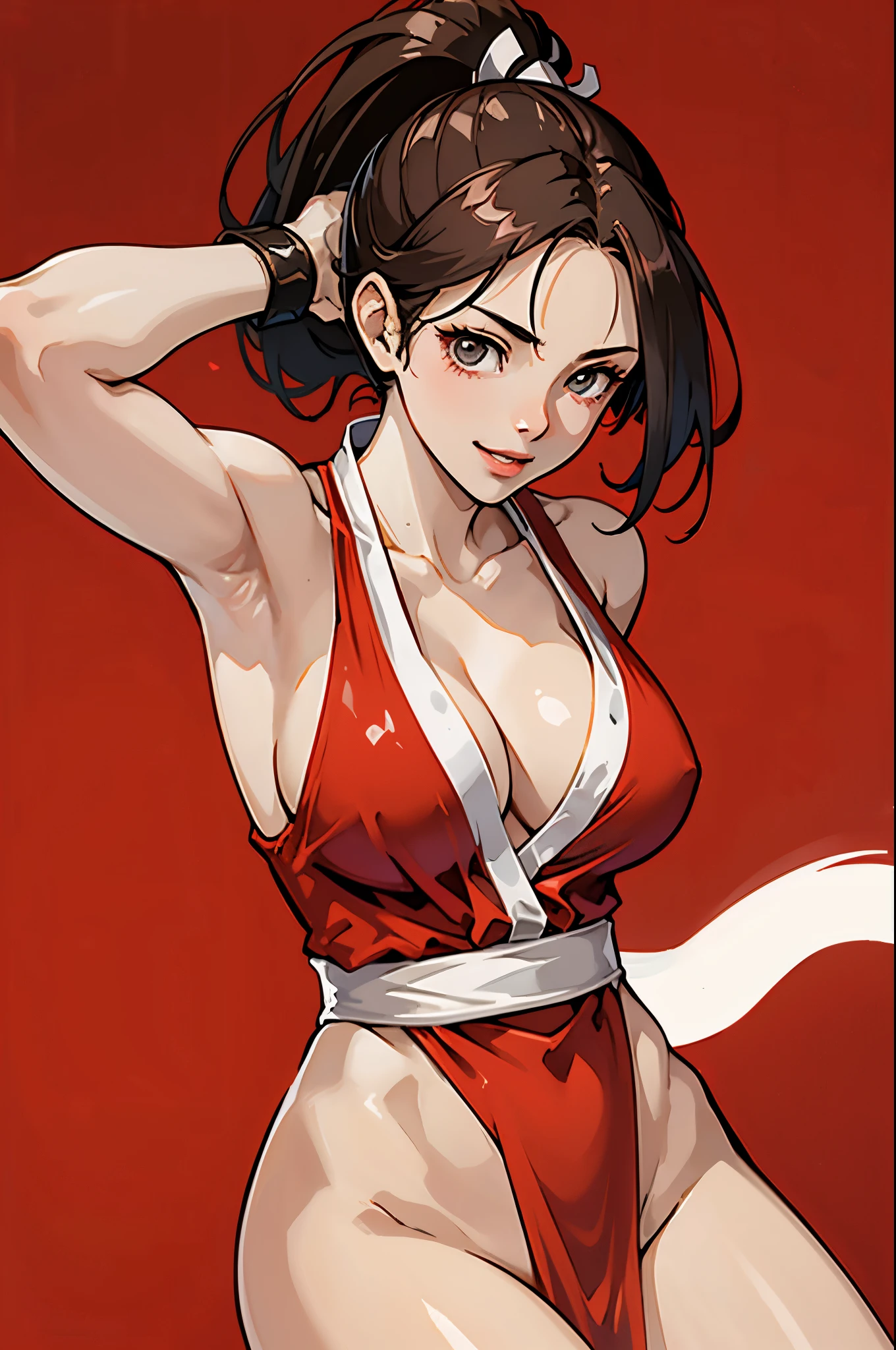 (masterpiece), best quality, expressive eyes, perfect face, busty, cleavage, large breasts, plunging neckline, red leotard, pelvic curtain, bare arms, smile, mai shiranui, simple red background