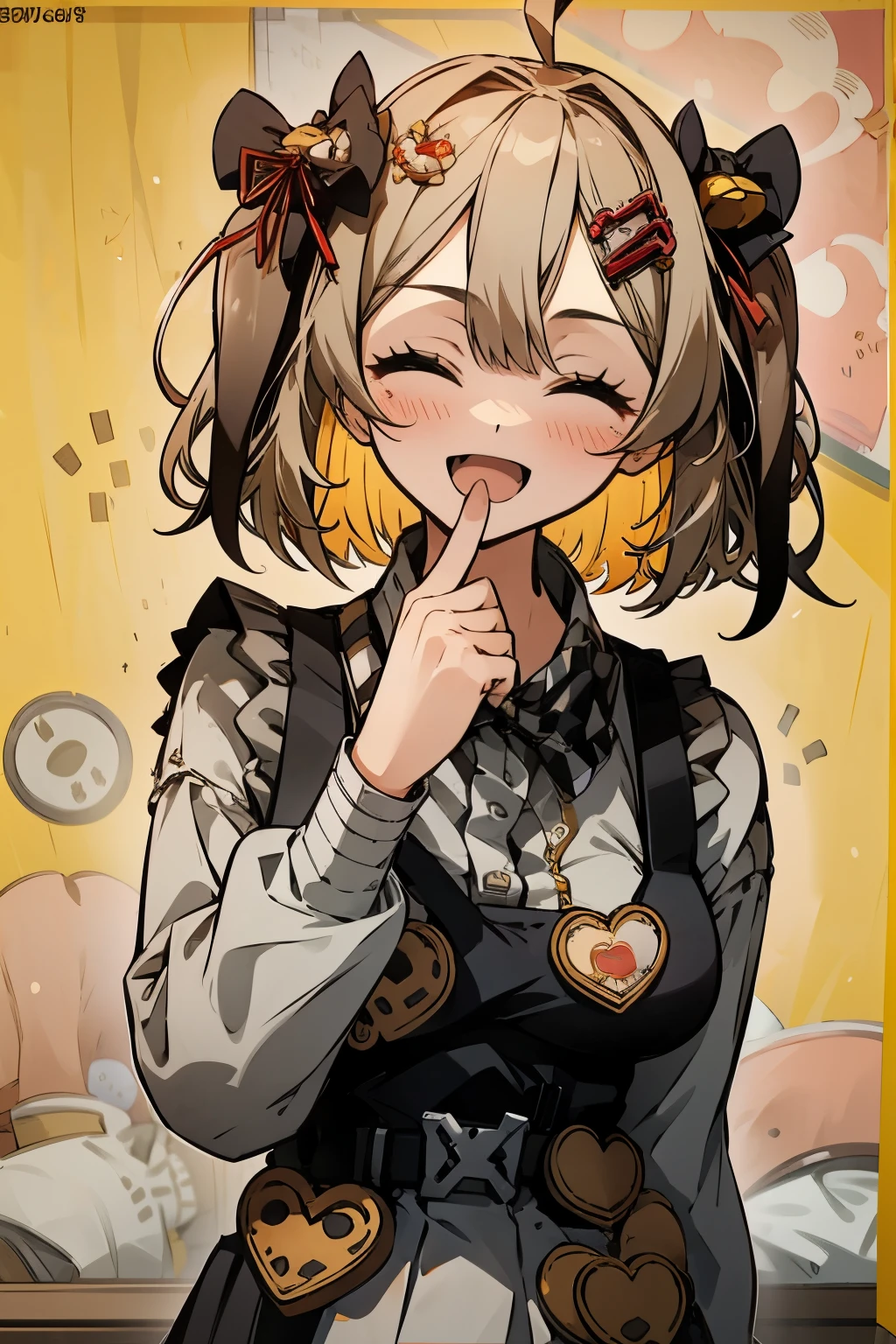 masutepiece, Best Quality, Highly detailed, restaurant, 1girl in, Solo, biscuit \(nikke\), Looking at Viewer, Open mouth,closed eye,A smile