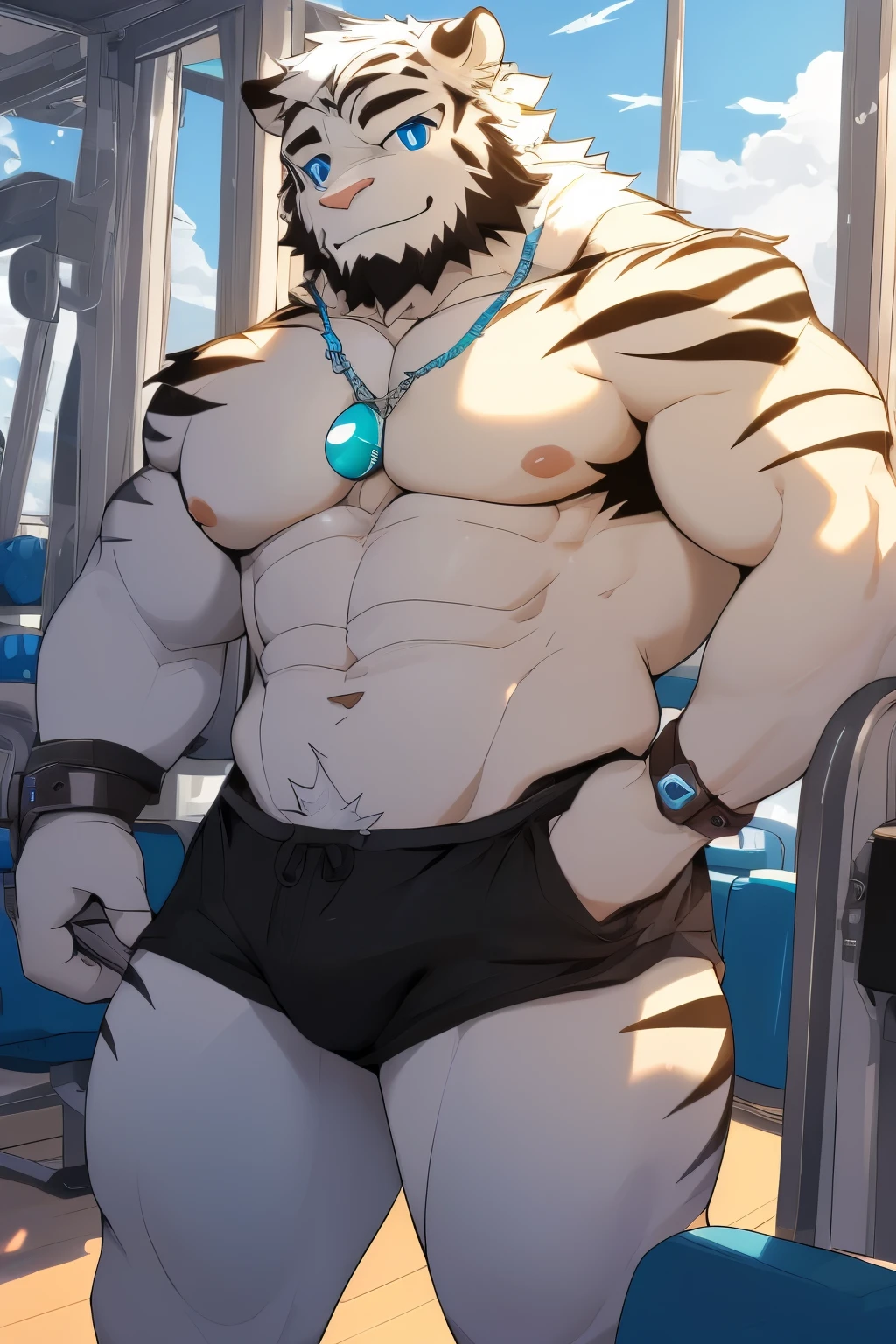 hairy（White Tiger，male，There is a cloud pattern on the right arm），black beard，white fur，black and white stripes，blue eyes，No decorations，Smile，indoor，Gym，Fitness Equipment，topless，Black panties，black and white stripes，thick stripes，perfect face，Beautiful background