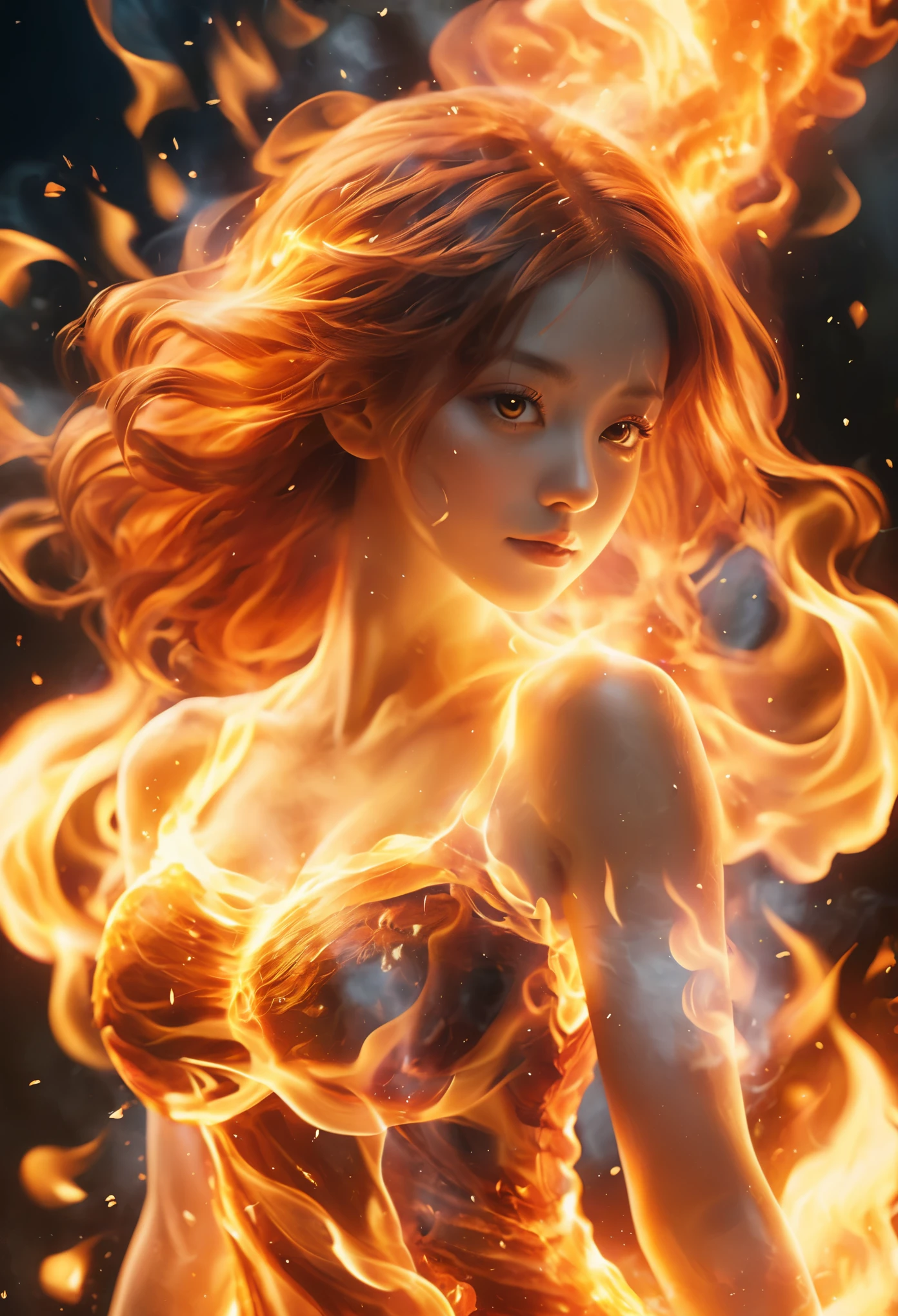 (fire element:1.1),fire elementで構成されています,(1 huge breasts:1.2),burning,Transparency,fiery,(molten rock),flame skin,frame print,fiery hair,to smoke,cloud,chopped,,girl engulfed in flames, Flames fly up and sparks scatter,Burning hand,translucent luminescence,